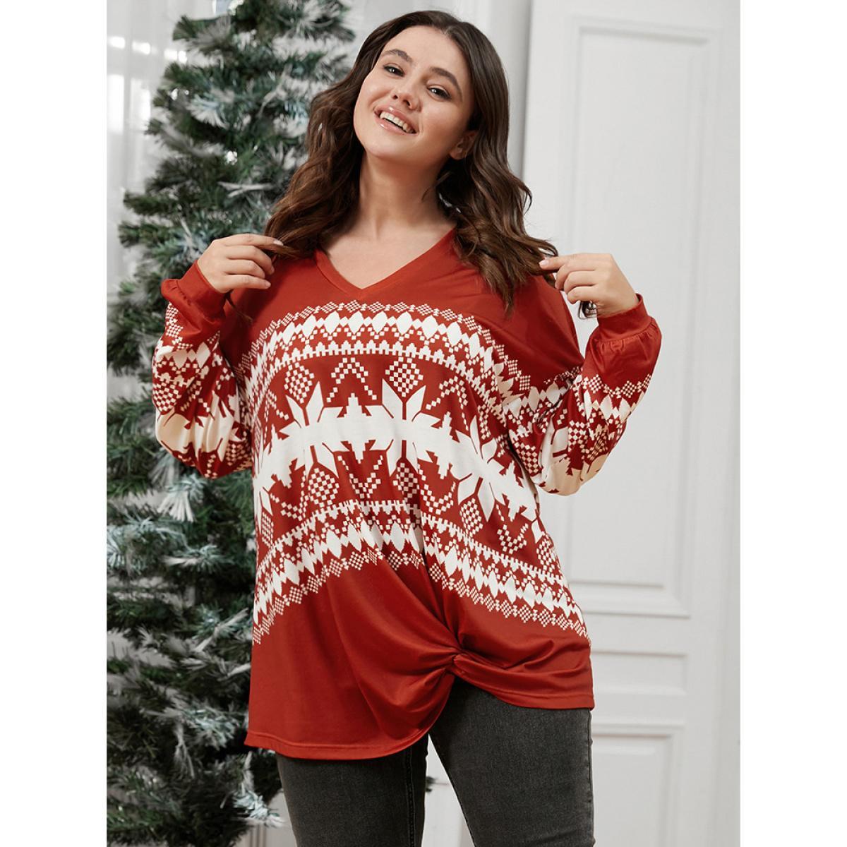 Plus Size Snowflake Print Twist Front Sweatshirt Women Raspberry Elegant Printed V-neck Dailywear Sweatshirts BloomChic 12/L Product Image