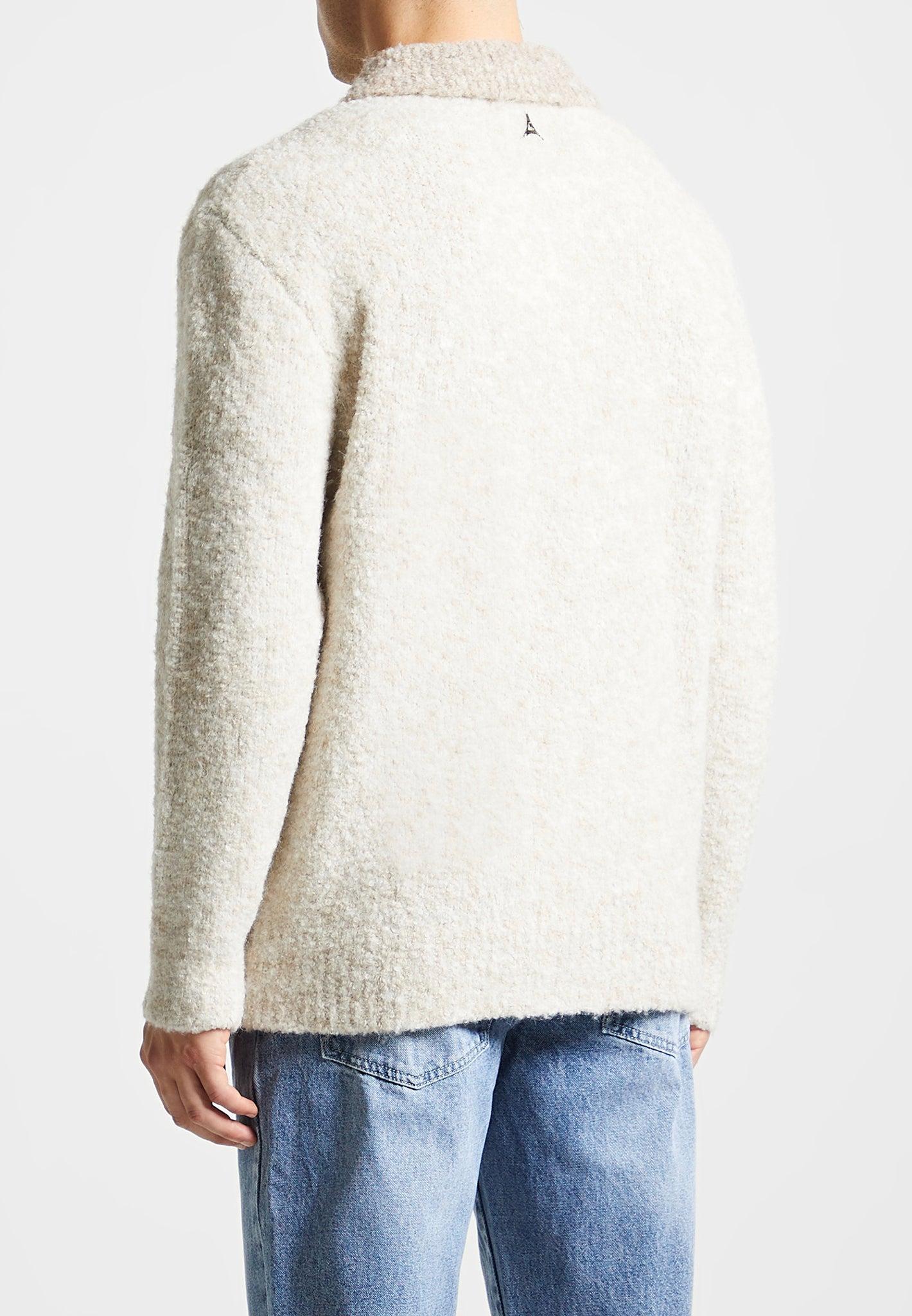 Boucle Knit Contrast Polo Jumper - Cream Male Product Image