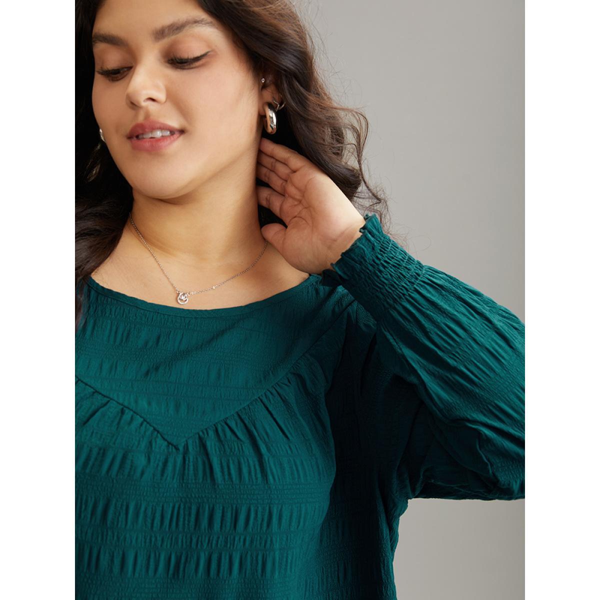Plus Size Cyan Plain Textured Shirred Gathered Blouse Women Elegant Long Sleeve Round Neck Dailywear Blouses BloomChic 30/6X Product Image