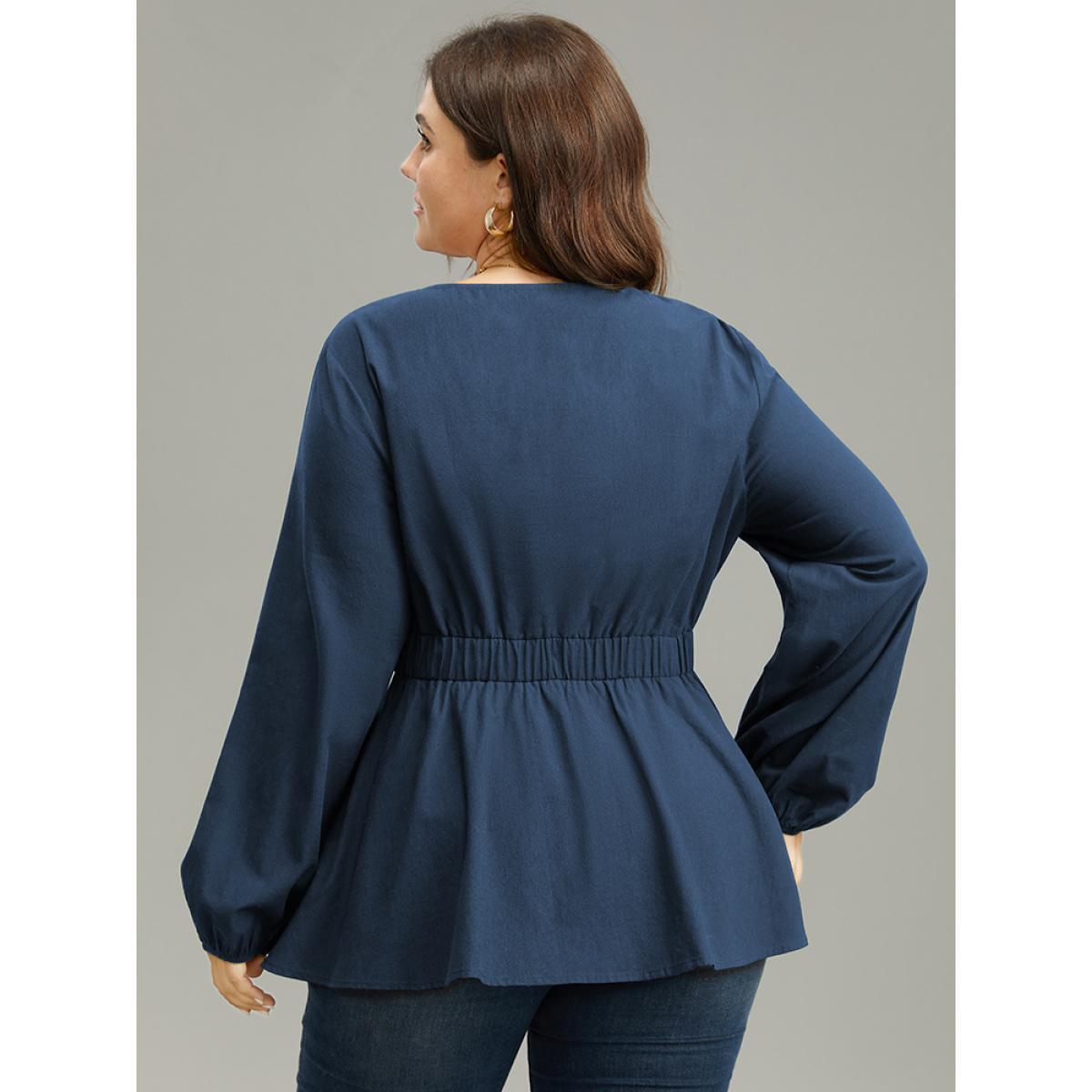 Plus Size Indigo Cotton Solid Metal Detail Lantern Sleeve Blouse Women Office Long Sleeve Round Neck Work Blouses BloomChic 30/6X Product Image