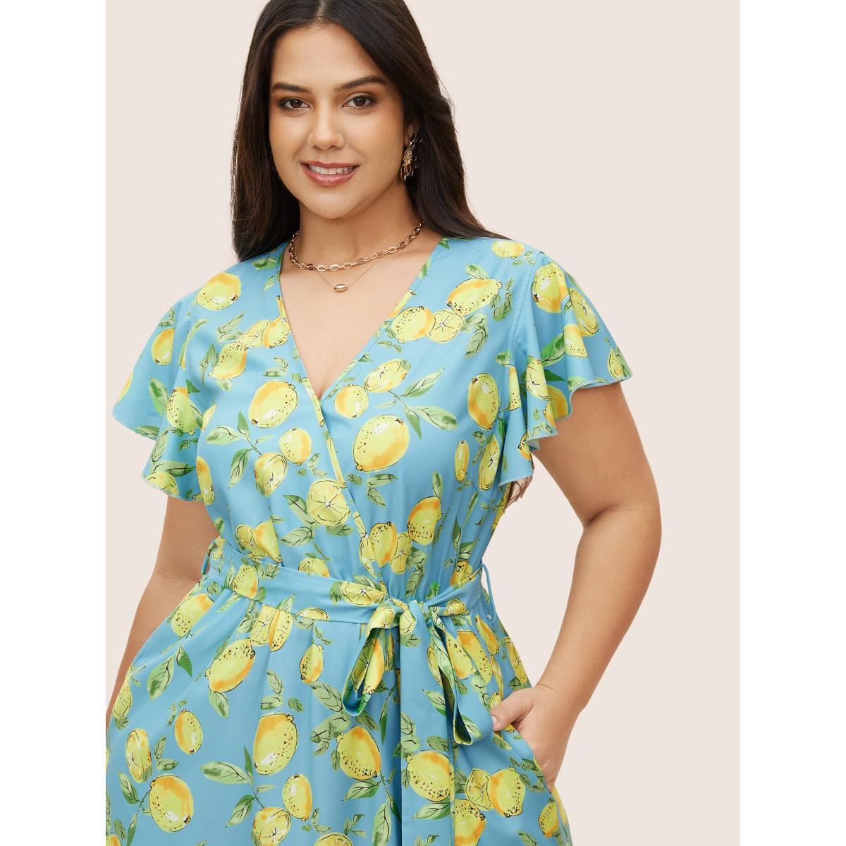 Plus Size Citrus Lemon Print Ruffle Cap Sleeve Belted Dress Blue Women Elegant Belted V-neck Cap Sleeve Curvy Midi Dress BloomChic 10/M Product Image