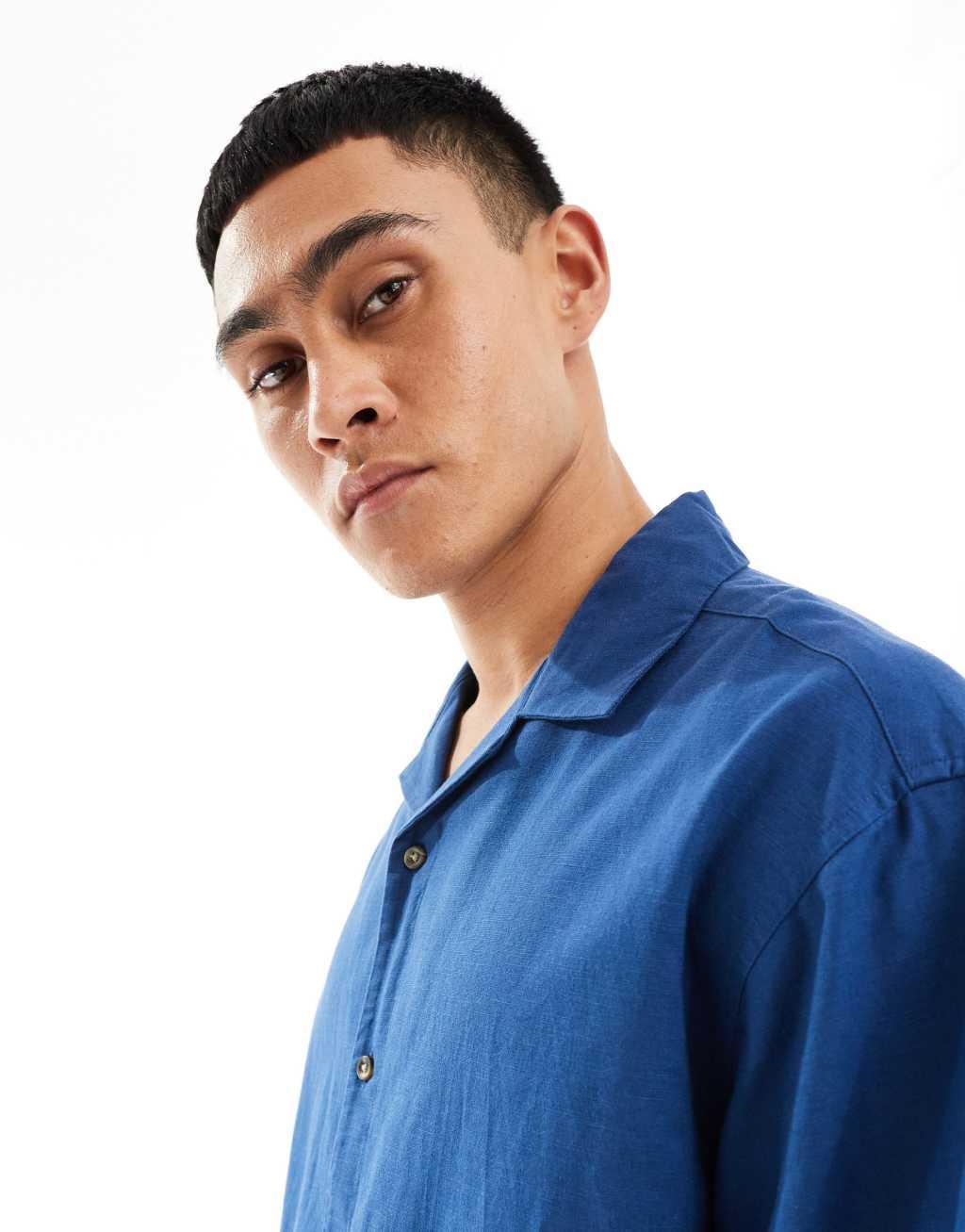 ASOS DESIGN boxy oversized linen blend shirt with camp collar in royal blue Product Image