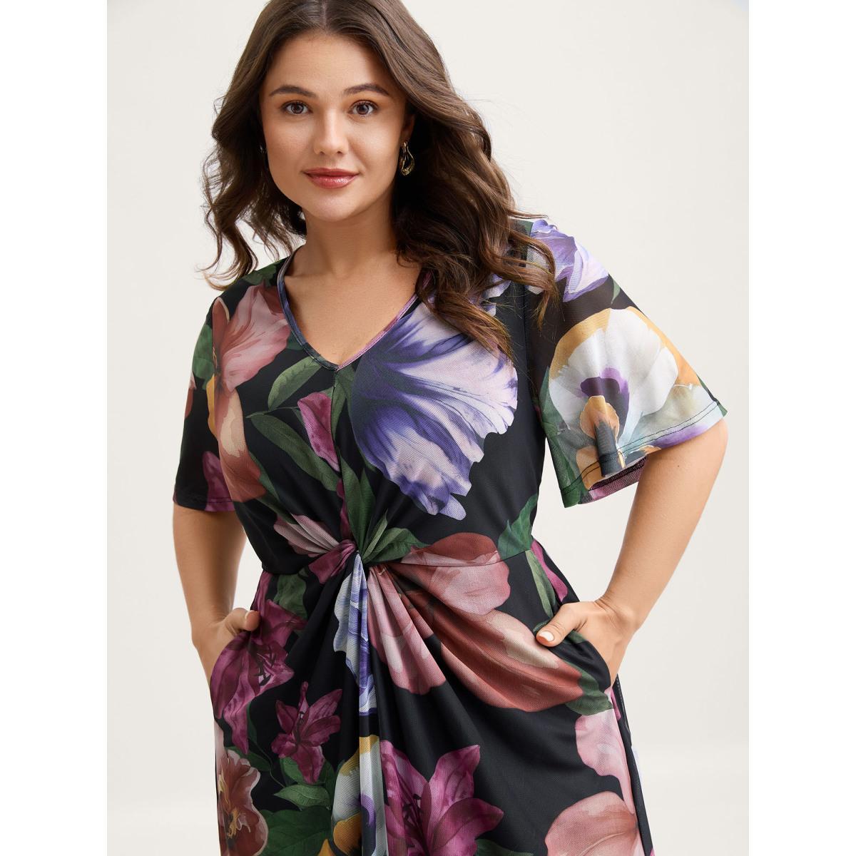 Plus Size Large Floral Print Twist Front Midi Dress RedViolet Women V-neck Short sleeve Curvy BloomChic 12/L Product Image