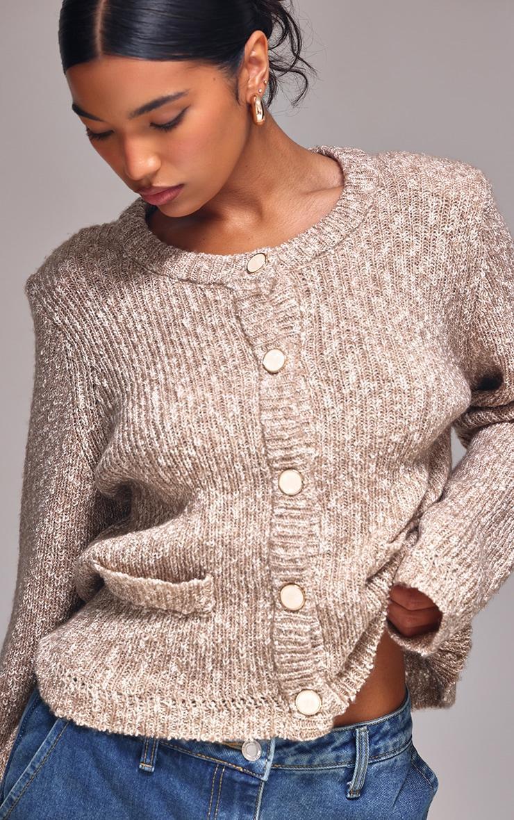 Mocha Marl Textured Bobble Knit Button Up Pocket Detail Cardigan Product Image