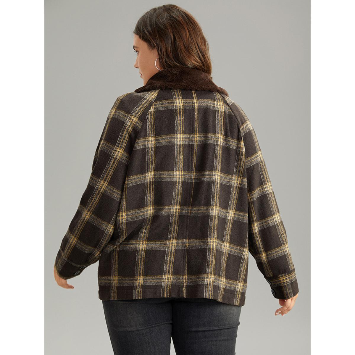 Plus Size Plaid Patchwork Fuzzy Trim Zipper Fly Coat Women DarkBrown Casual Contrast Ladies Everyday Winter Coats BloomChic 14-16/1X Product Image