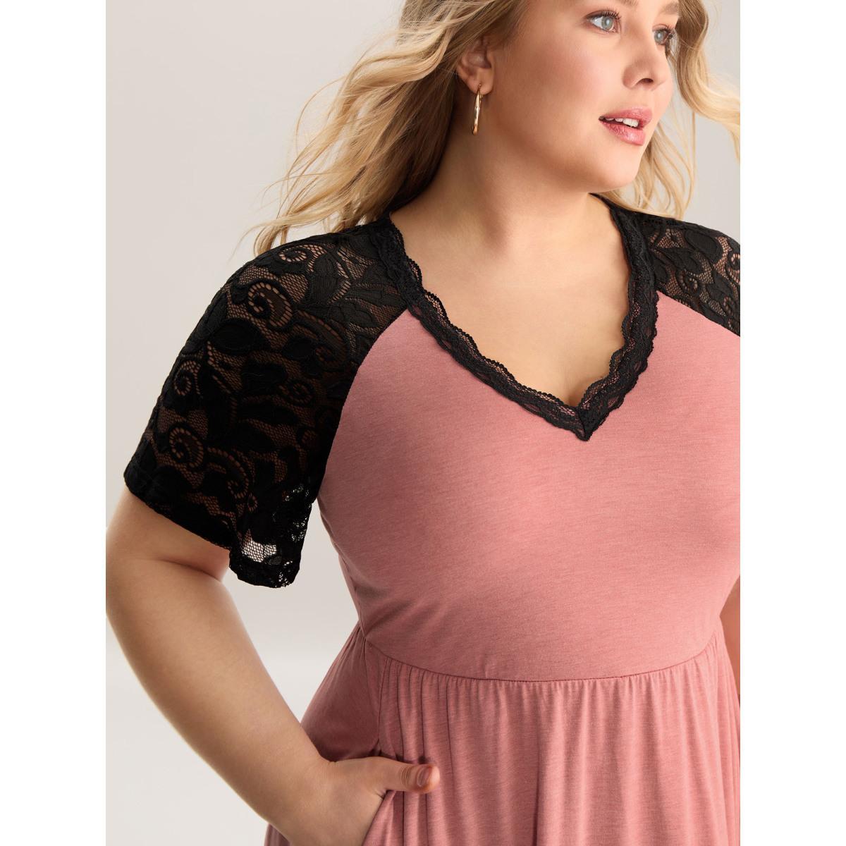 Plus Size Stretchy Color Contrast V-Neck Midi Dress Watermelon Women V-neck Short sleeve Curvy BloomChic 14-16/1X Product Image