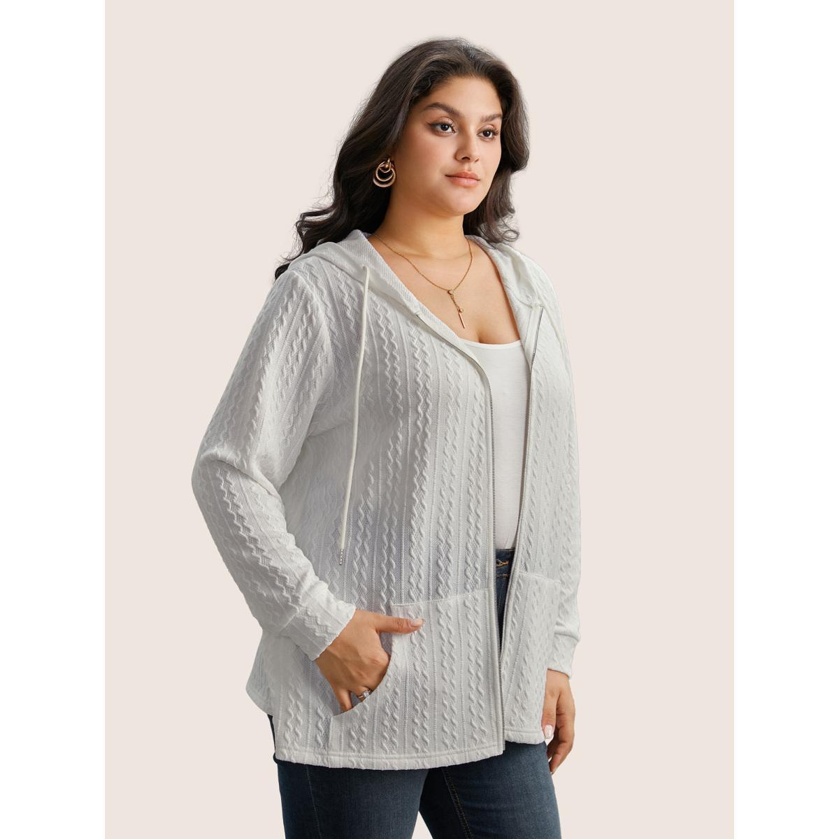 Plus Size Plain Textured Zipper Hooded Sweatshirt Women White Casual Non Hooded Everyday Sweatshirts BloomChic 26/4X Product Image
