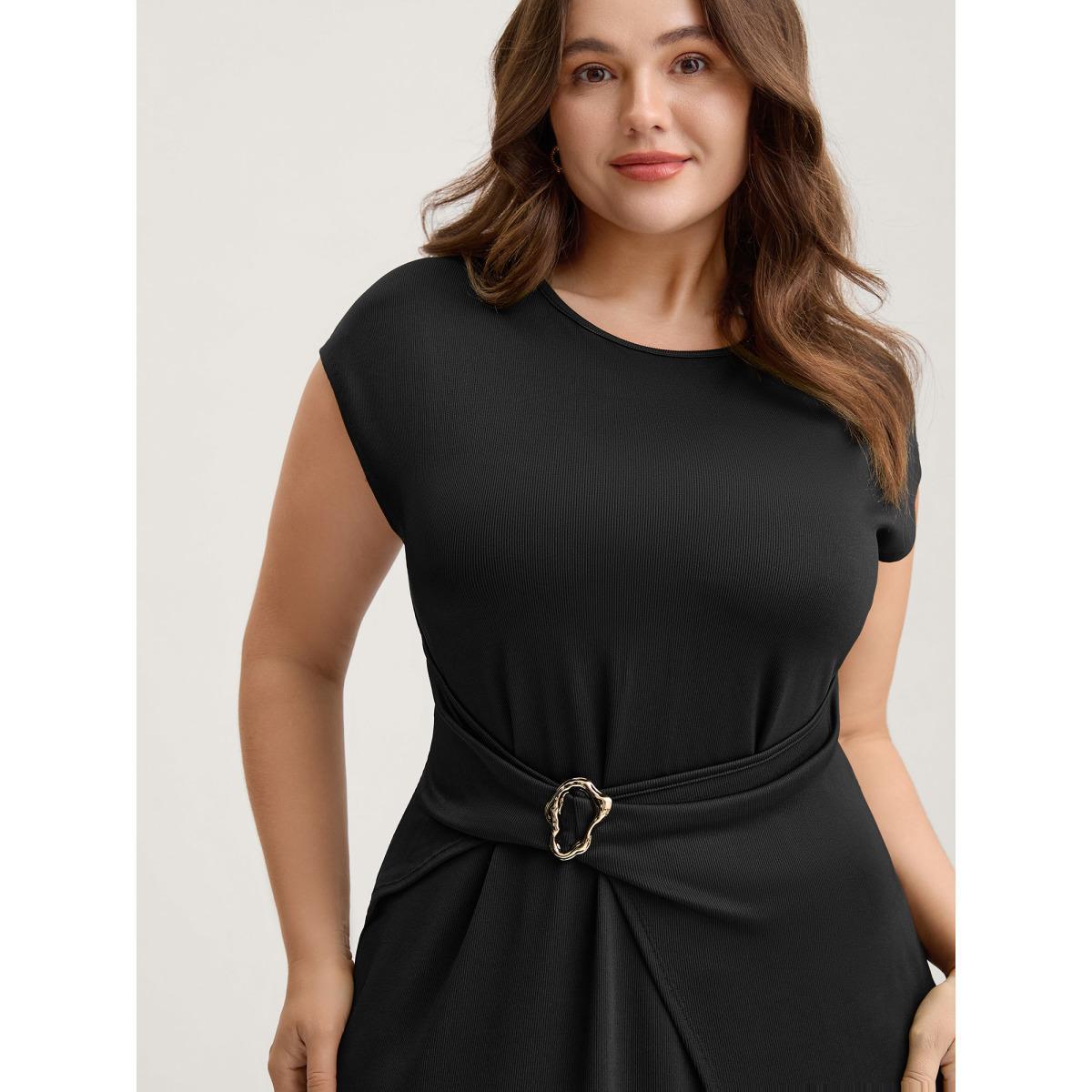 Plus Size Wrap Style Metal Buckle Midi Dress Black Women Round Neck Cap Sleeve Curvy BloomChic 22-24/3X Product Image