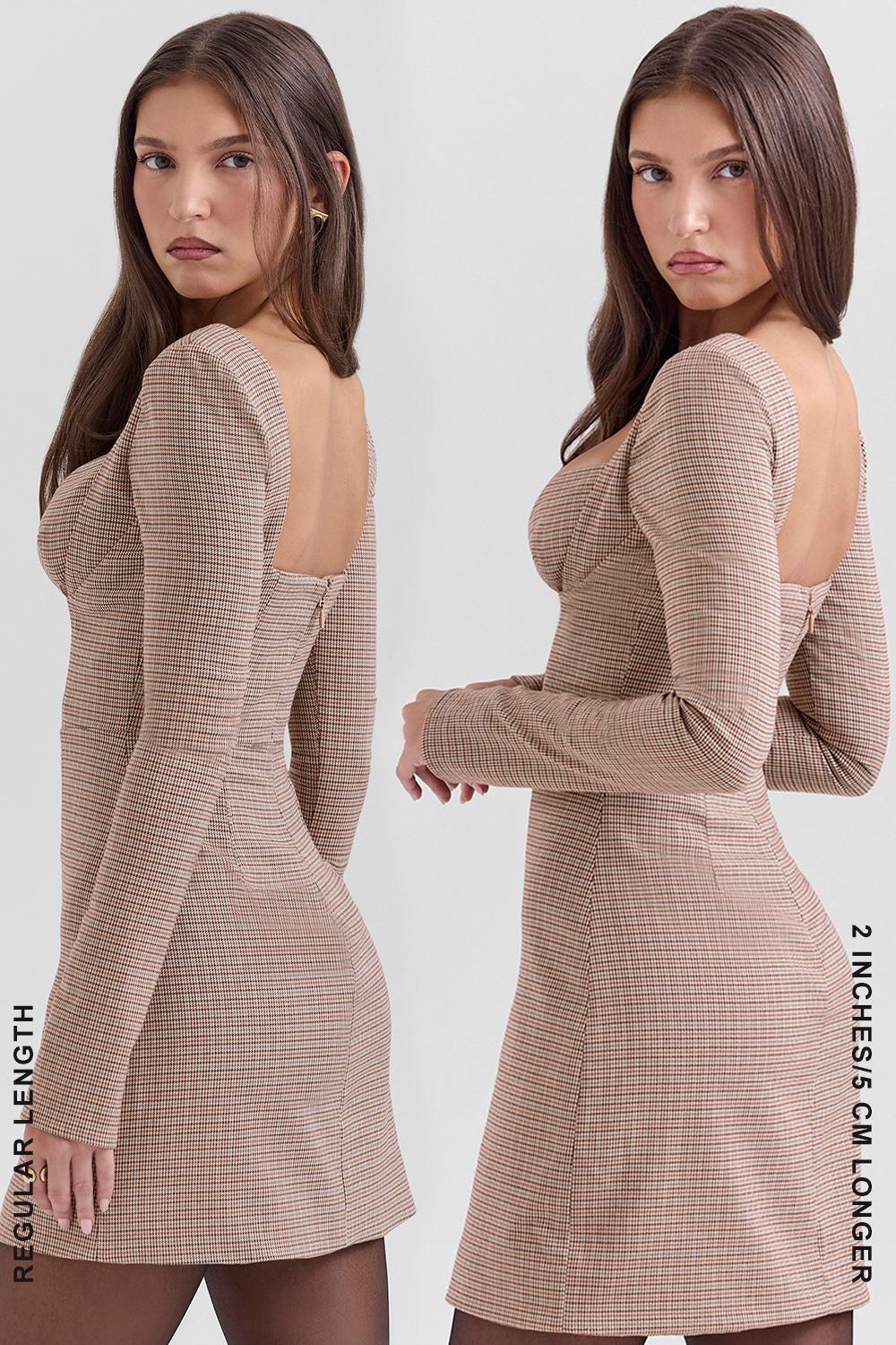 Angelie  brown puppytooth check plunge mini dress - sale Product Image