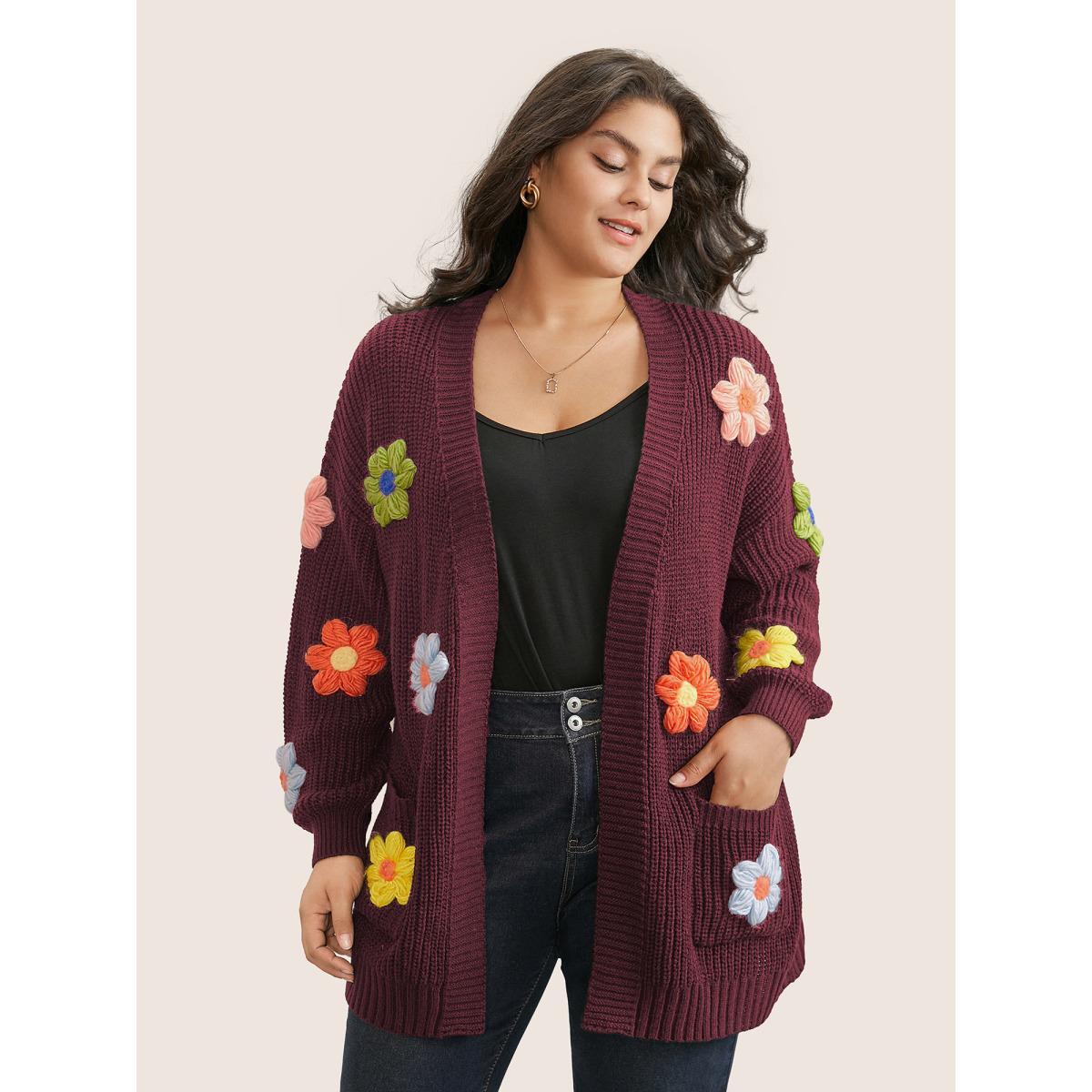 Plus Size Rainbow Floral Pocket Open Front Cardigan Burgundy Women Casual Long Sleeve Everyday Cardigans BloomChic 10/M Product Image