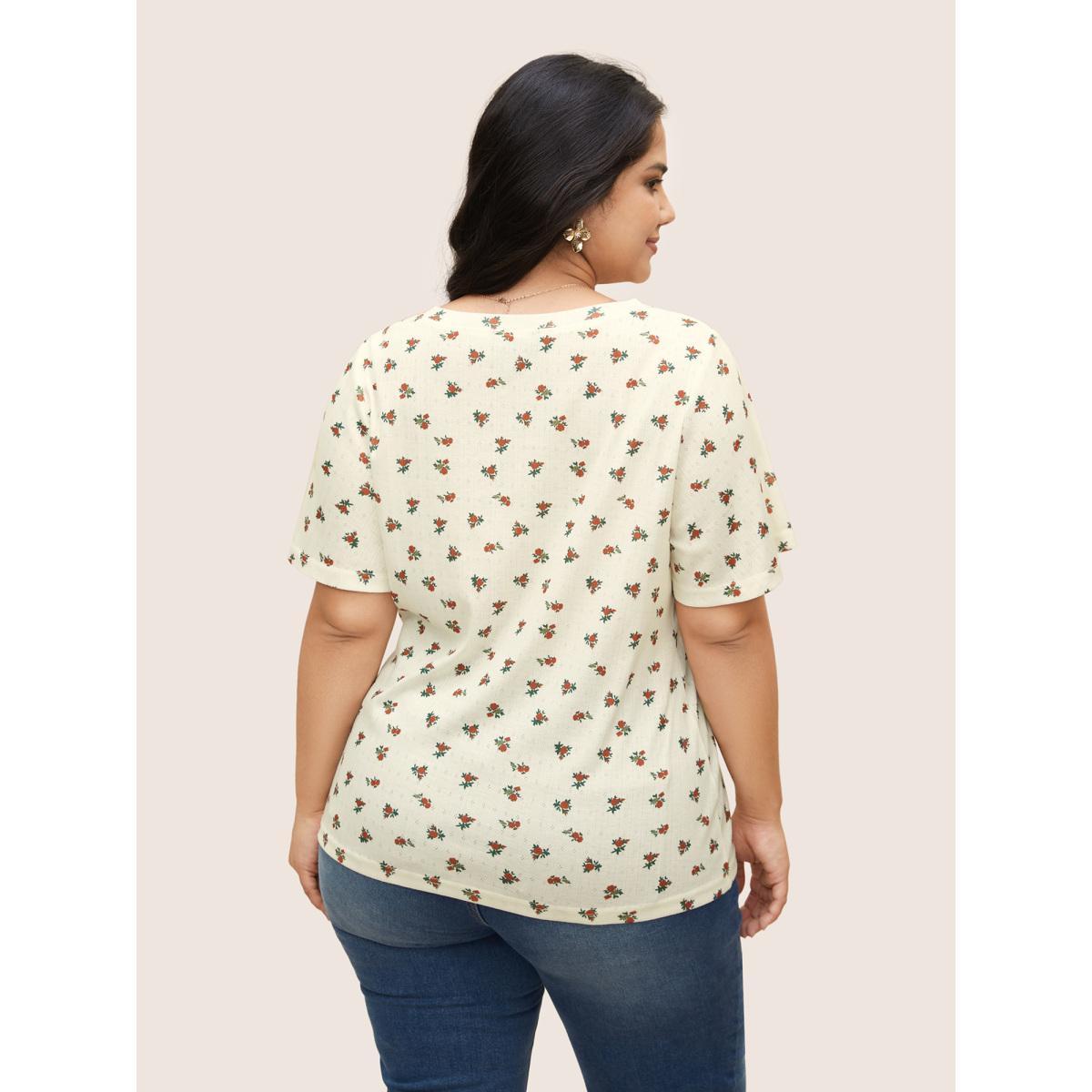 Plus Size Natural Flowers V Neck Flutter Sleeve T-shirt Beige Women Elegant Contrast Natural Flowers V-neck Everyday T-shirts BloomChic 14-16/1X Product Image