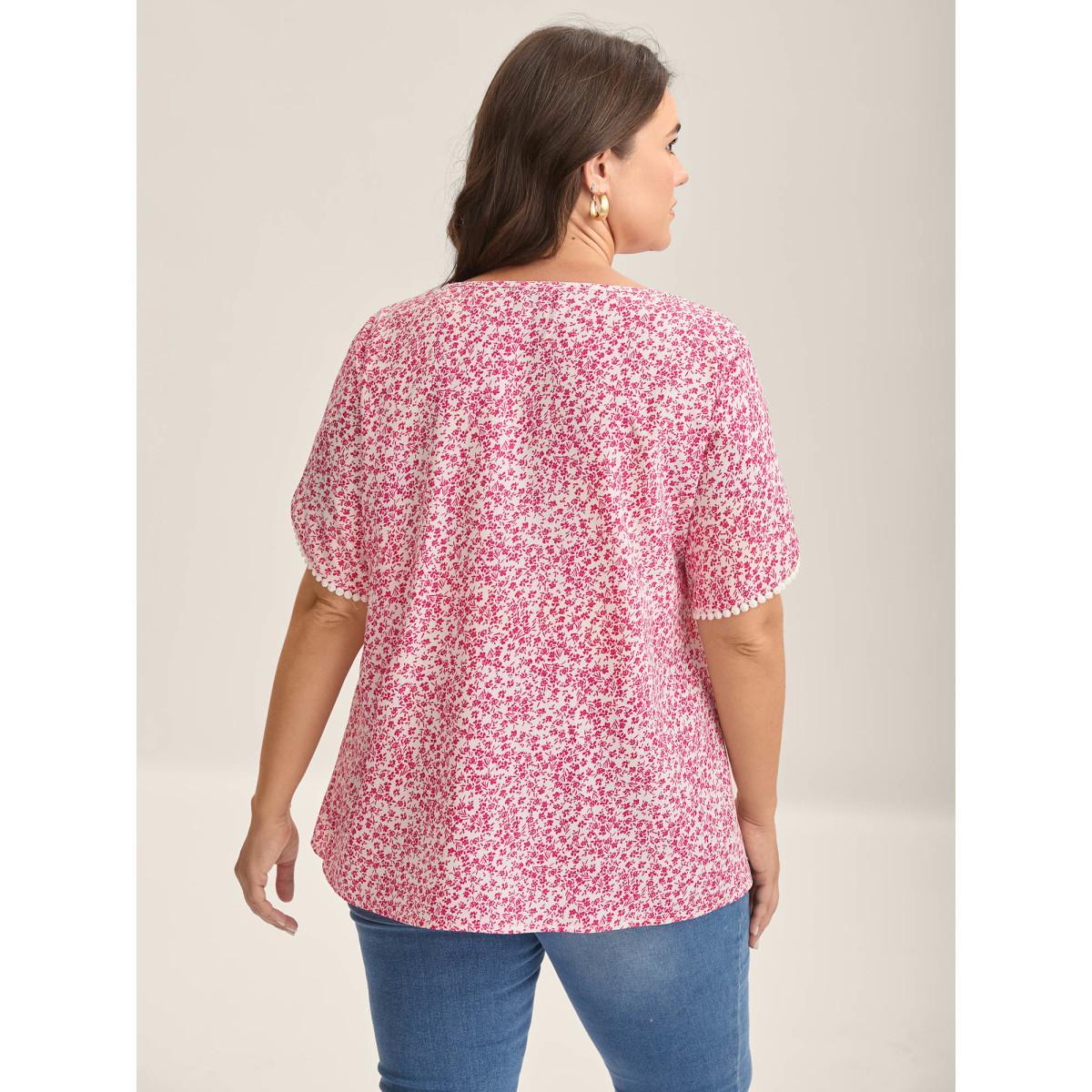 Plus Size WhiteSmoke Petal Sleeve Floral Lace Spliced Shirt Women Elegant Short sleeve V-neck Everyday Blouses BloomChic 26/4X Product Image