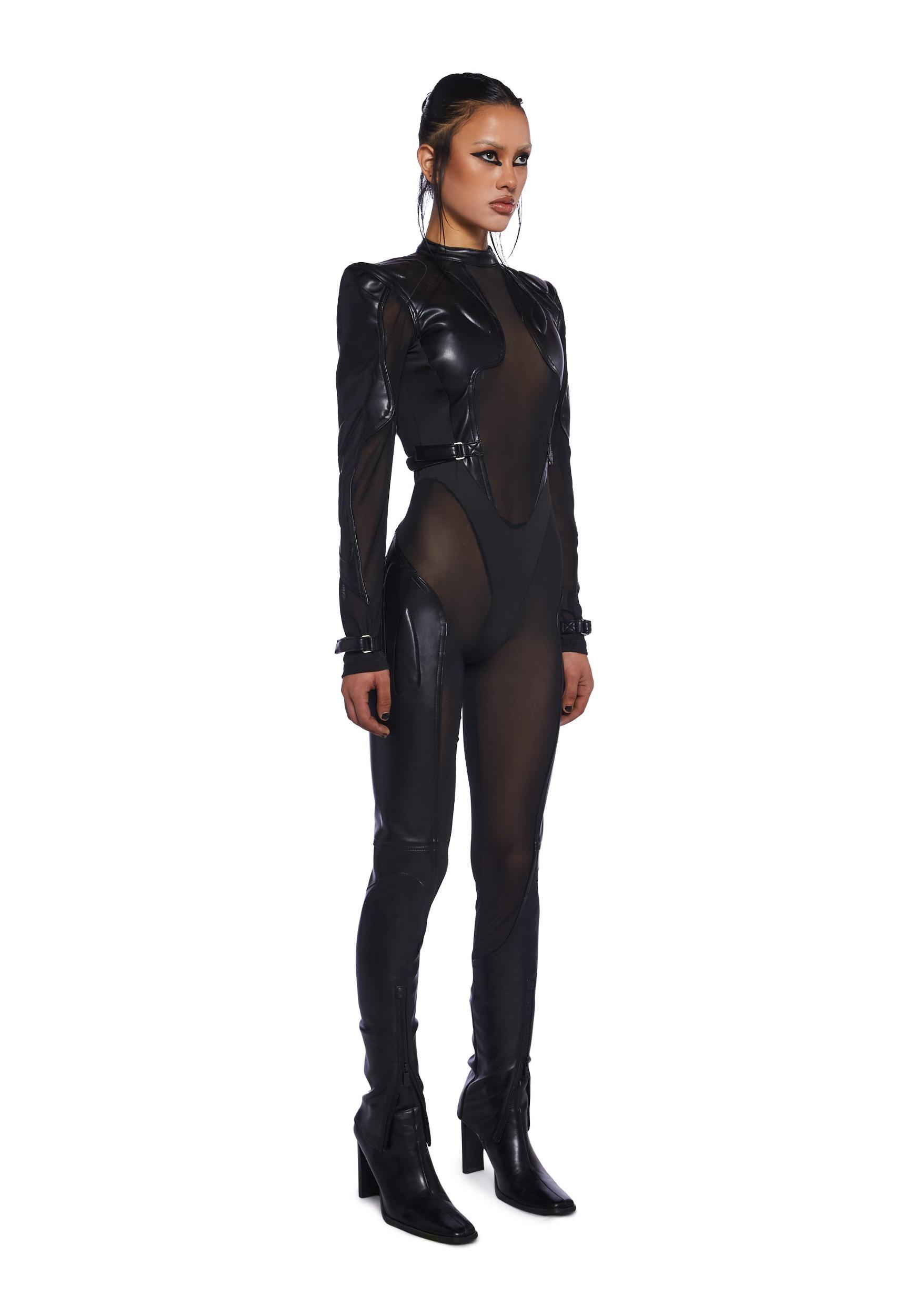 Namilia Vegan Leather Sheer Mesh Moto Full Bodysuit - Black Product Image