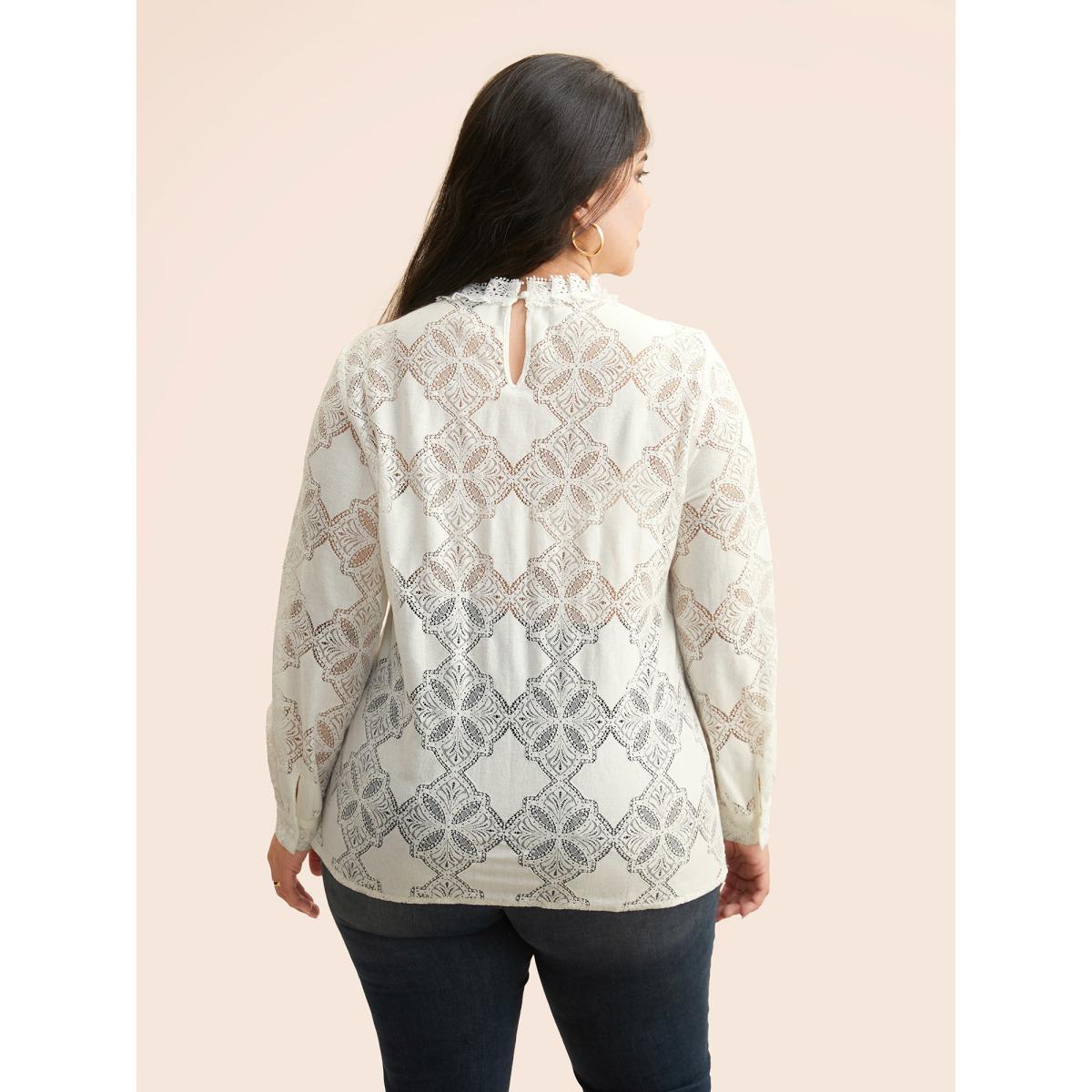 Plus Size Ivory Lace Panel Mesh Stand Collar Blouse Women Elegant Long Sleeve Stand-up collar Everyday Blouses BloomChic 10/M Product Image