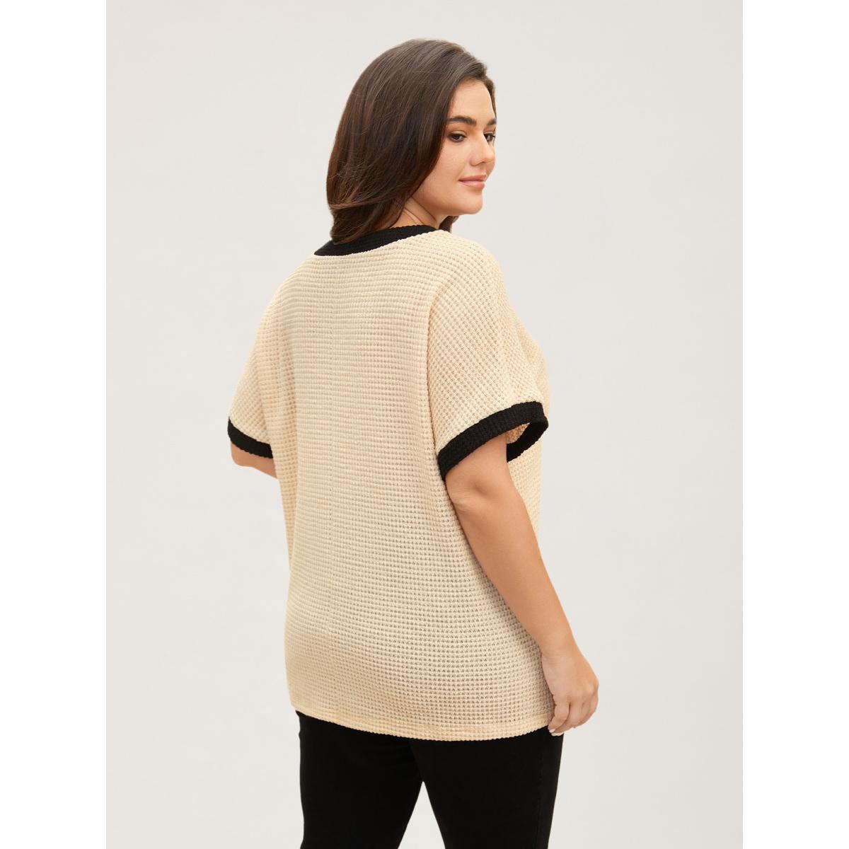Plus Size V Neck Contrast Button Detail Knit T-shirt Apricot Women Casual Texture V-neck Everyday T-shirts BloomChic 26/4X Product Image