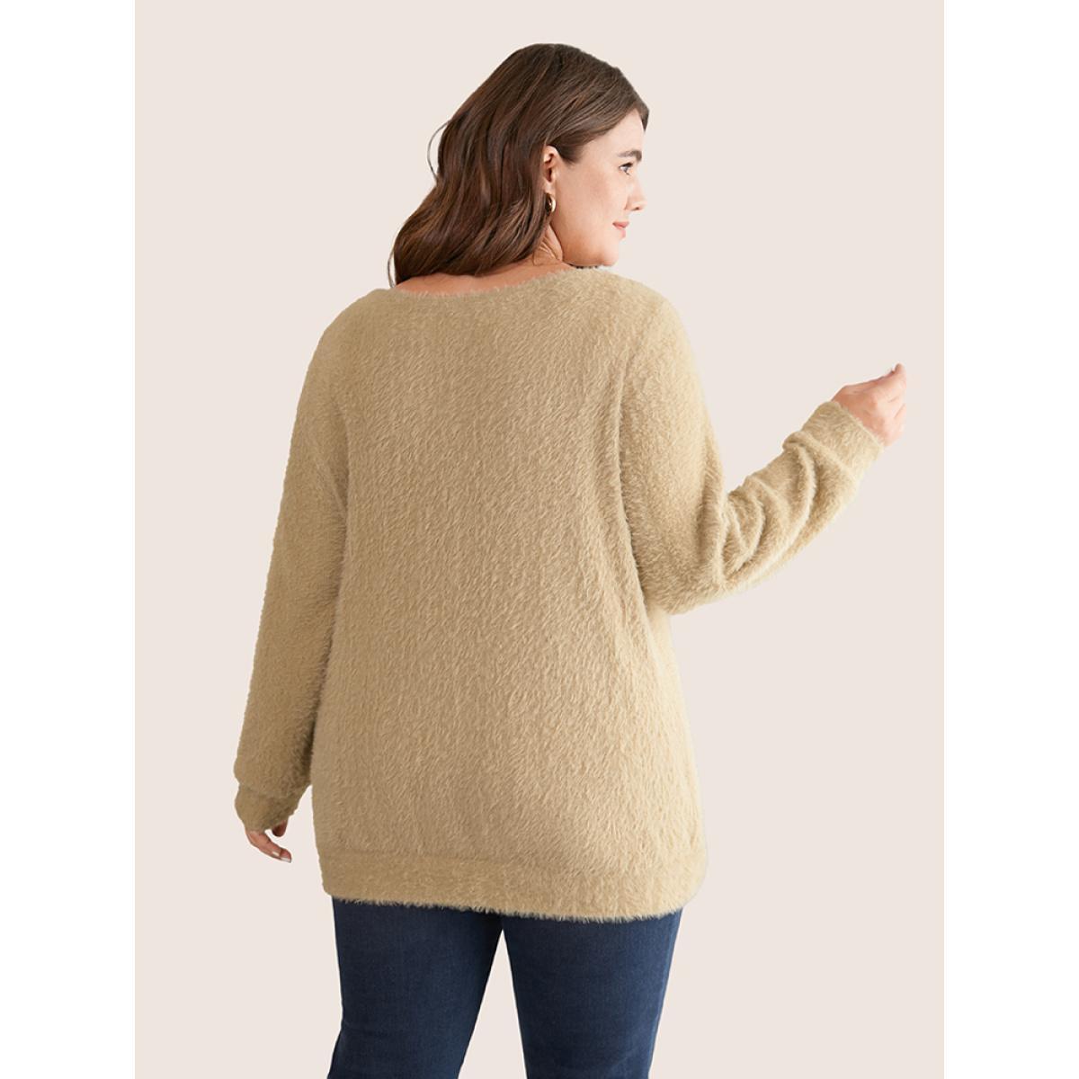 Plus Size Fuzzy Plain Cowl Neck Sweatshirt Women Tan Casual Texture Cowl Neck Dailywear Sweatshirts BloomChic 22-24/3X Product Image