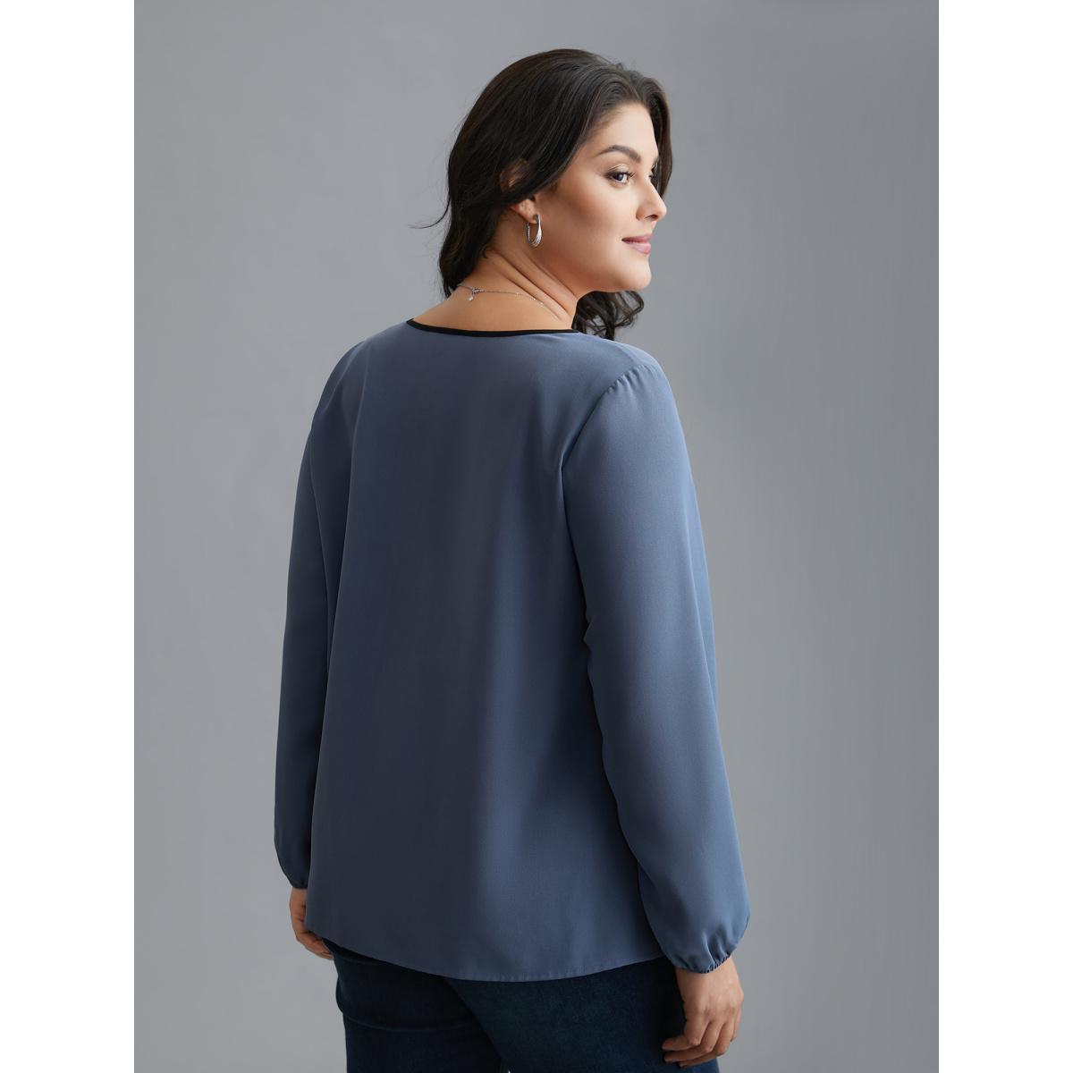 Plus Size Stone Contrasting Panel Lantern Sleeve Shirt Women Elegant Long Sleeve V-neck Everyday Blouses BloomChic 22-24/3X Product Image