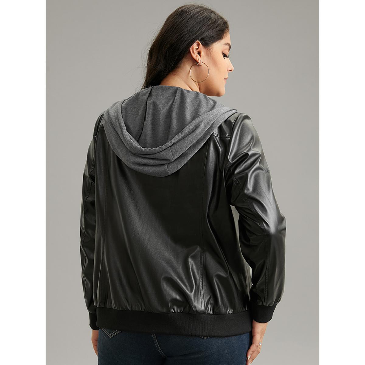Plus Size PU Leather Patchwork Hooded Drawstring Rib Knit Jacket Women Black Rib Knit Pocket Dailywear Jackets BloomChic 18-20/2X Product Image