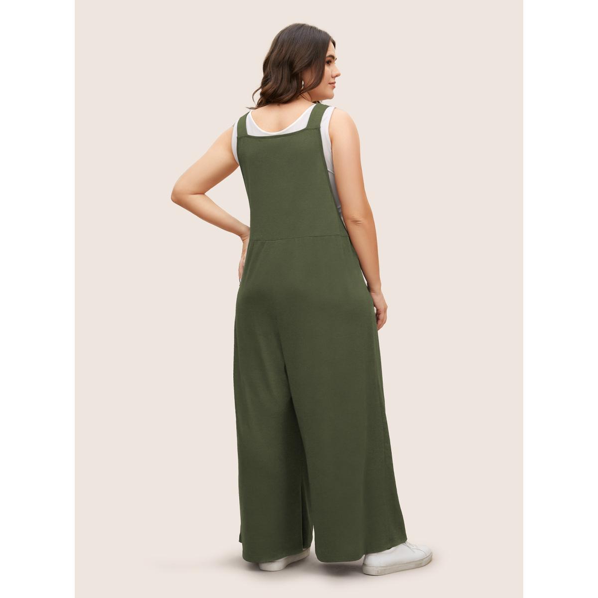 Plus Size ArmyGreen Supersoft Essentials Solid Pleated Pocket Jumpsuit Women Casual Sleeveless Non Everyday Loose Jumpsuits BloomChic 22-24/3X Product Image