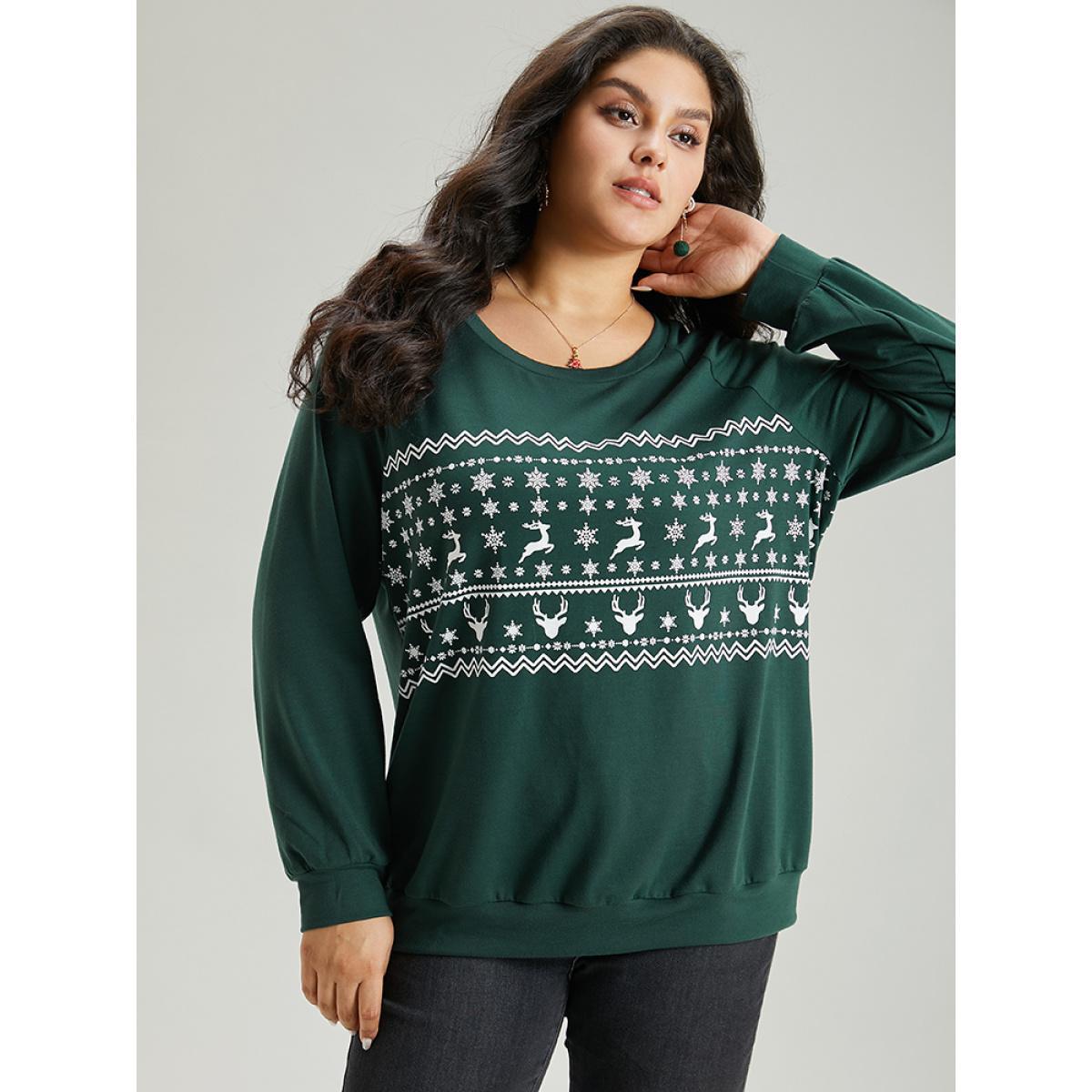 Plus Size Christmas Elk Crew Neck Raglan Sleeve Sweatshirt Women DarkGreen Casual Printed Round Neck Festival-Christmas Sweatshirts BloomChic 14-16/1X Product Image