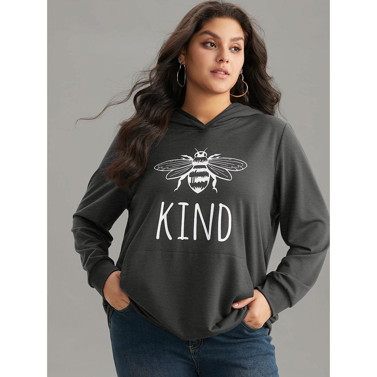 Plus Size Bee Print Hooded Kangaroo Pocket Sweatshirt Women DarkGray Casual Printed Everyday Sweatshirts BloomChic 22-24/3X Product Image