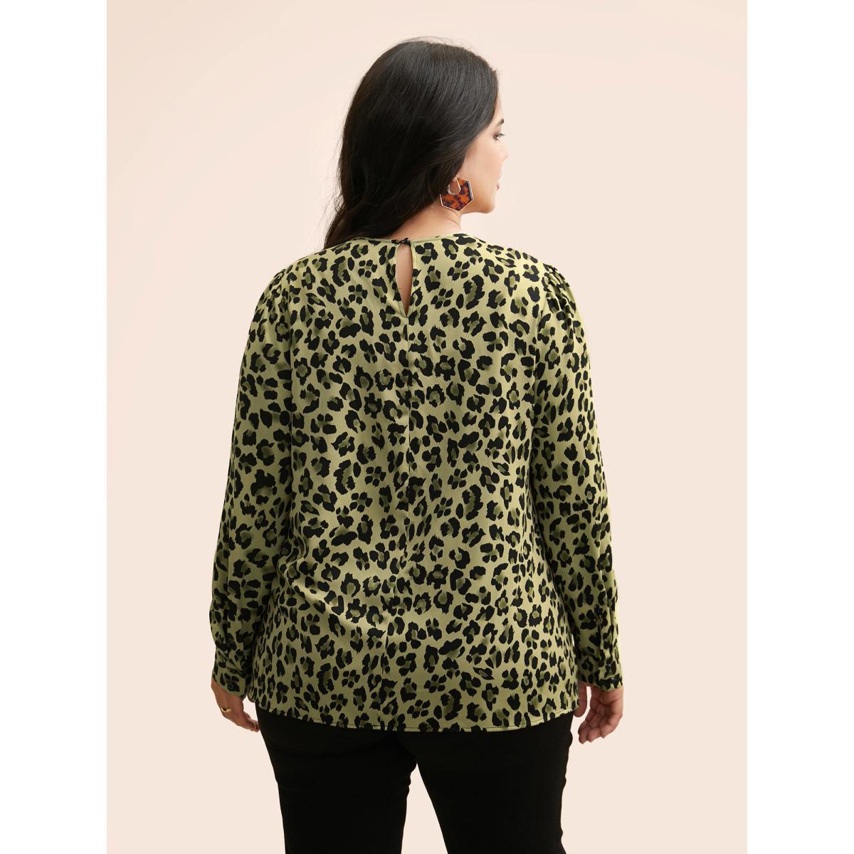 Plus Size Moss Leopard Print Mock Neck Gathered Blouse Women At the Office Long Sleeve Mock Neck Work Blouses BloomChic 30/6X Product Image