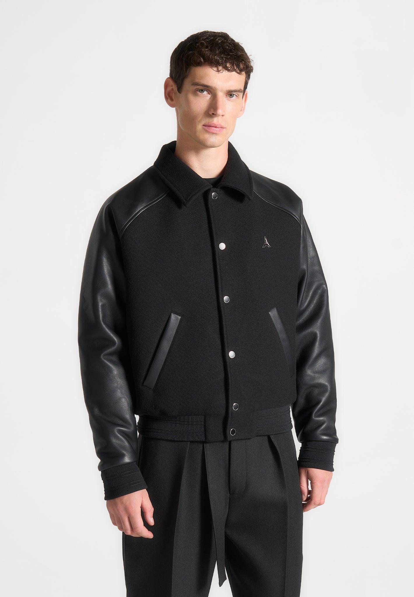 Leather Raglan Varsity Jacket - Black Male Product Image