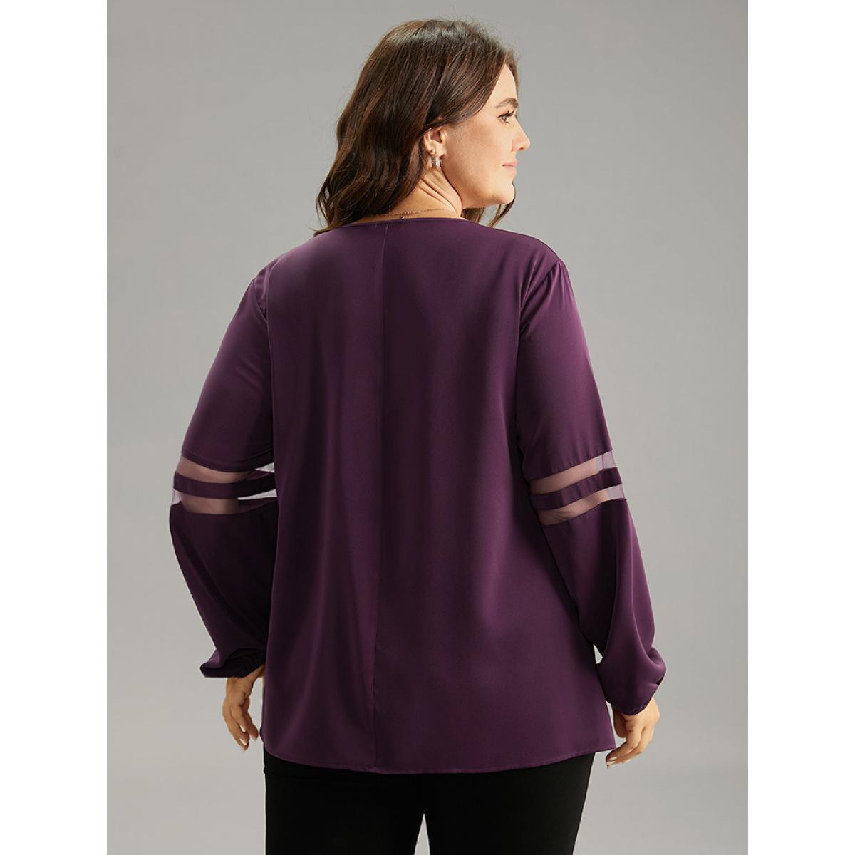 Plus Size Eggplant Static-Free Zipper Fly Mesh Patchwork Blouse Women Office Long Sleeve V-neck Work Blouses BloomChic 28/5X Product Image