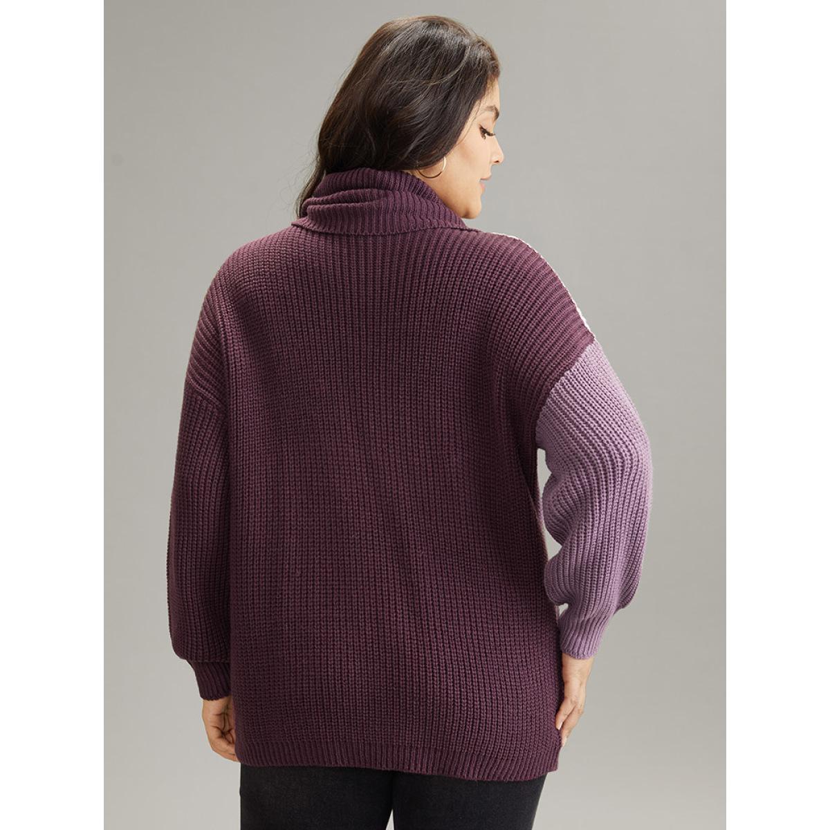 Plus Size Asymmetrical Colorblock Turtle Neck Drop Shoulder Pullover Purple Women Casual Loose Long Sleeve Turtleneck Dailywear Pullovers BloomChic 14-16/1X Product Image