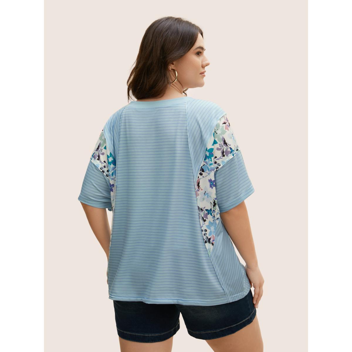 Plus Size Crew Neck Striped Patchwork Floral Print T-shirt Multicolor Women Casual Contrast Natural Flowers Round Neck Everyday T-shirts BloomChic 12/L Product Image