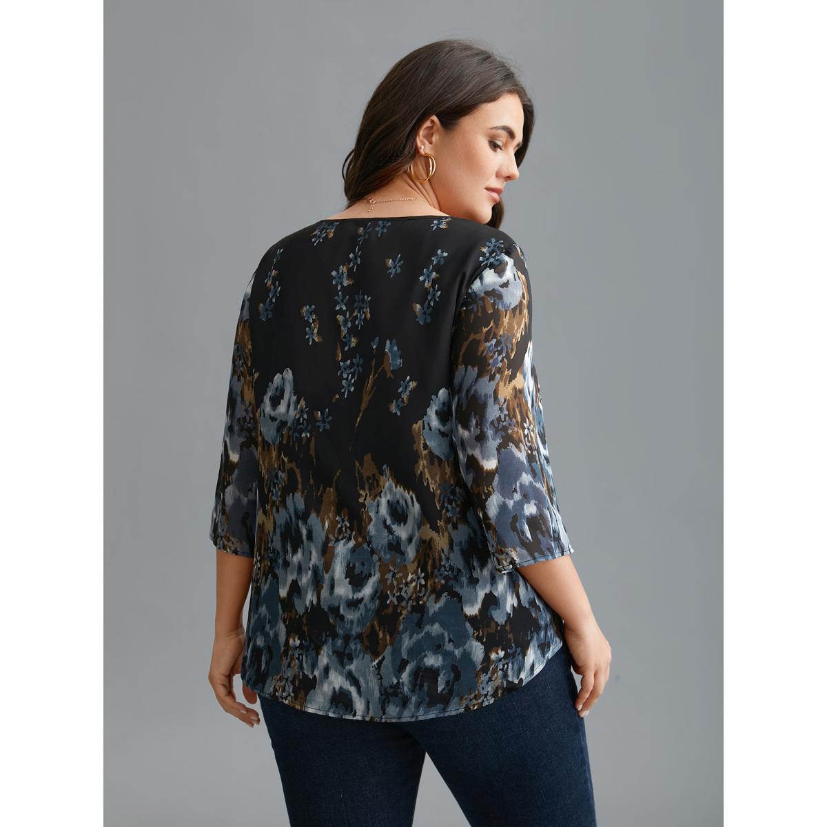 Plus Size Black V Neck Floral Bell Sleeve Blouse Women Elegant Elbow-length sleeve V-neck Everyday Blouses BloomChic 18-20/2X Product Image