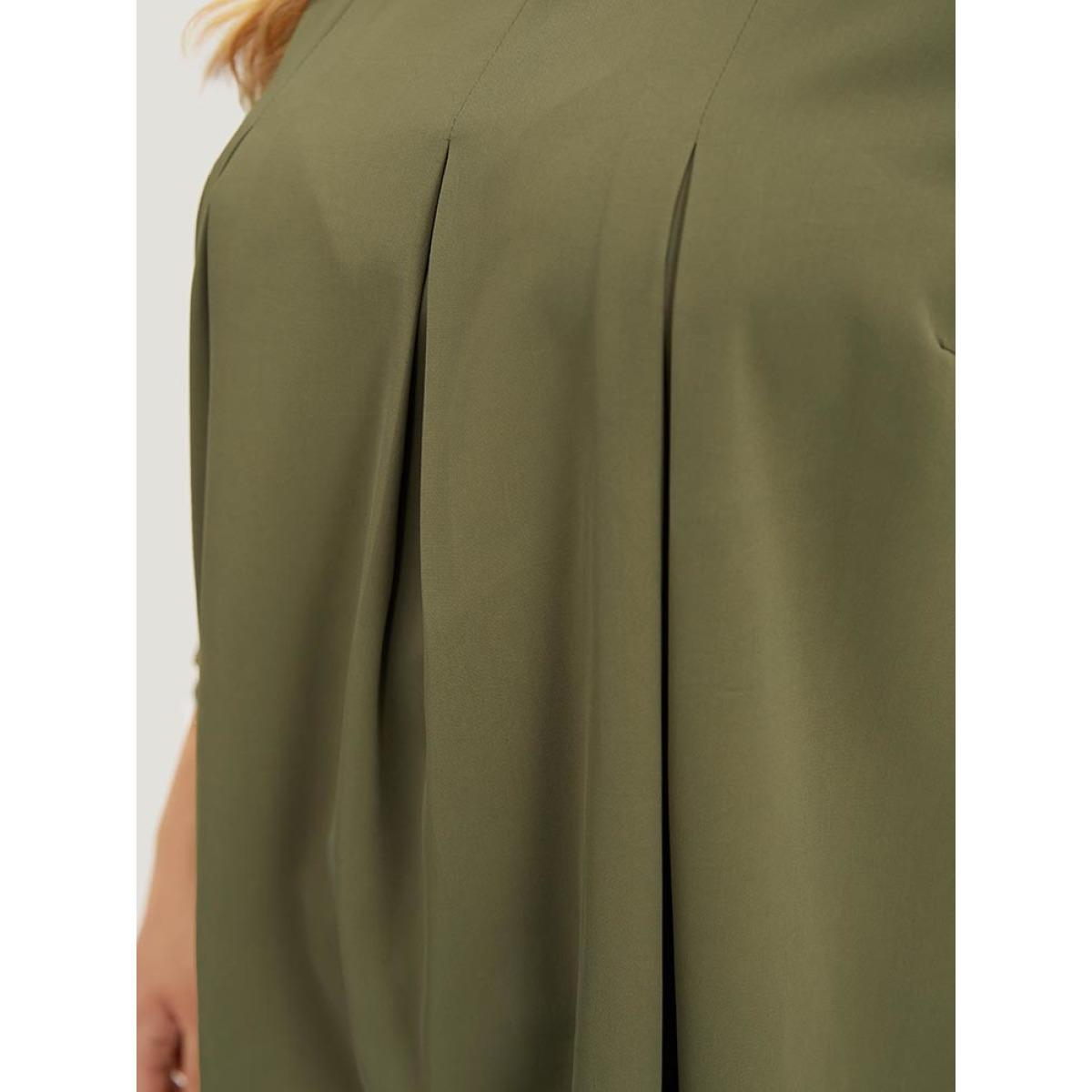 Plus Size ArmyGreen Plain Pleated Detail Bell Sleeve Blouse Women Office Elbow-length sleeve Round Neck Work Blouses BloomChic 30/6X Product Image
