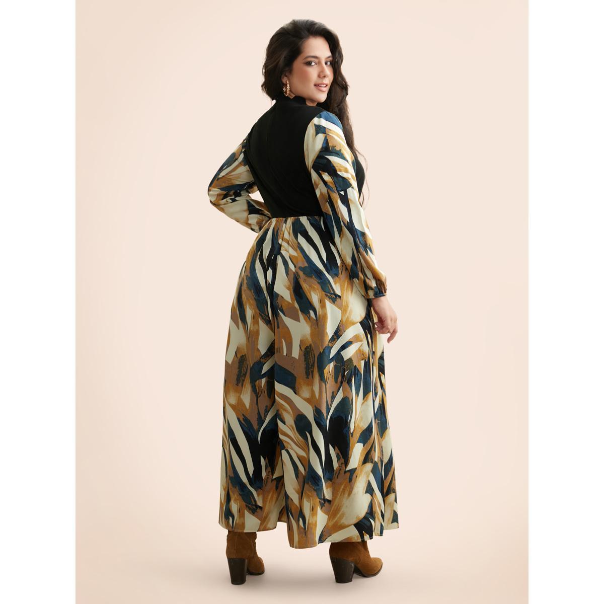 Plus Size Black Mock Neck Brush Print Patchwork Jumpsuit Women Resort Long Sleeve Mock Neck Vacation Loose Jumpsuits BloomChic 28/5X Product Image