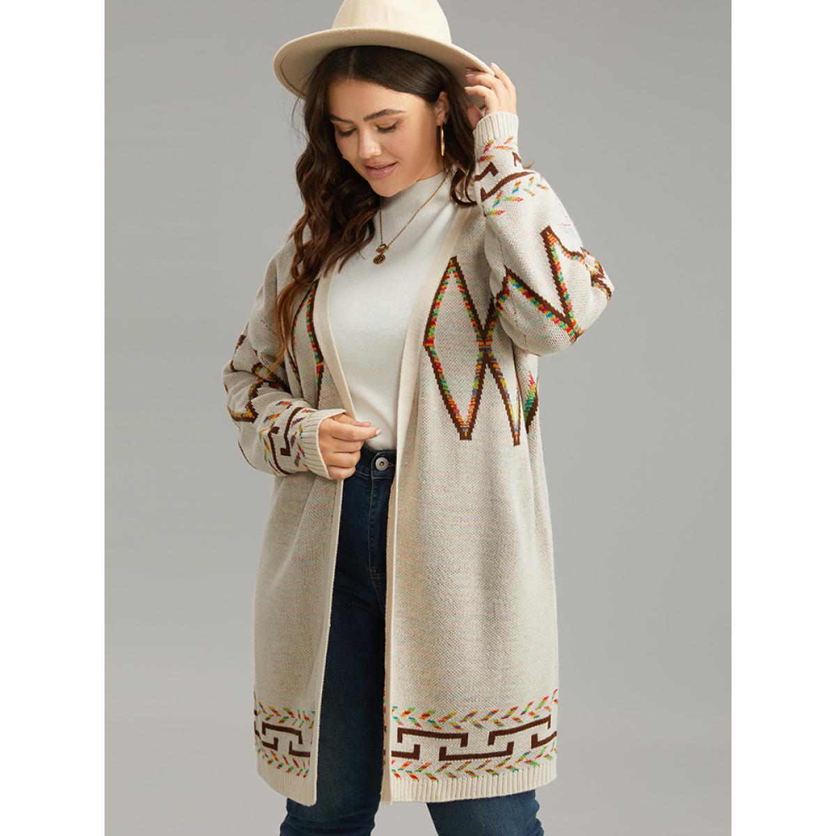 Plus Size Boho Geometric Print Open Front Cardigan Beige Women Casual Loose Long Sleeve Everyday Cardigans BloomChic 26/4X Product Image