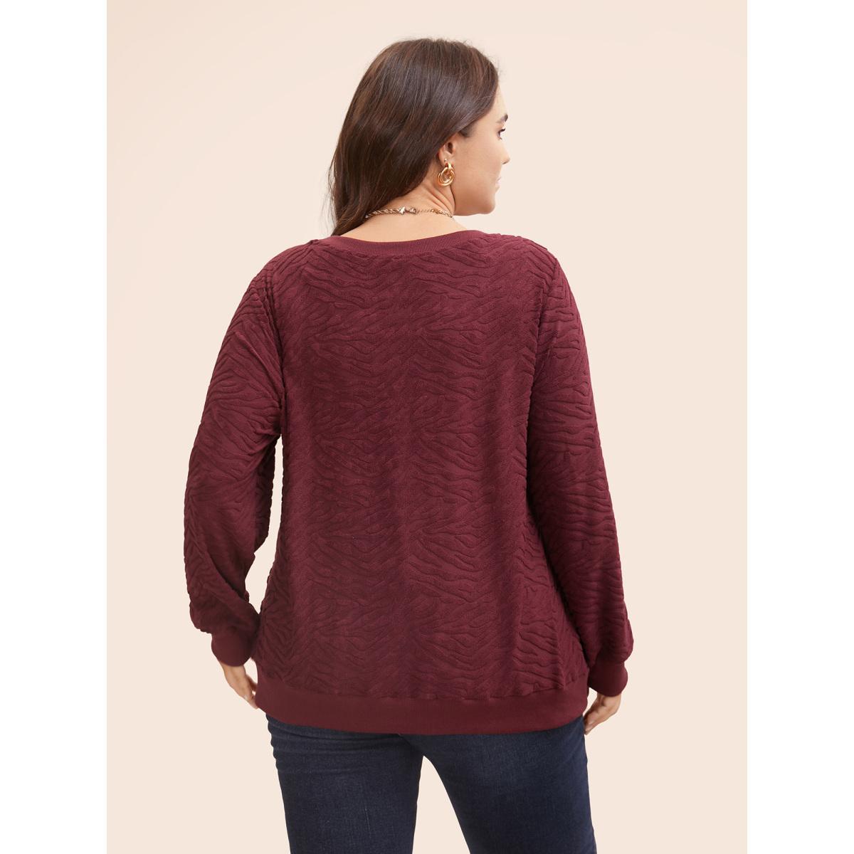 Plus Size Animal Print Textured Crew Neck Sweatshirt Women Burgundy Casual Patchwork Round Neck Everyday Sweatshirts BloomChic 30/6X Product Image