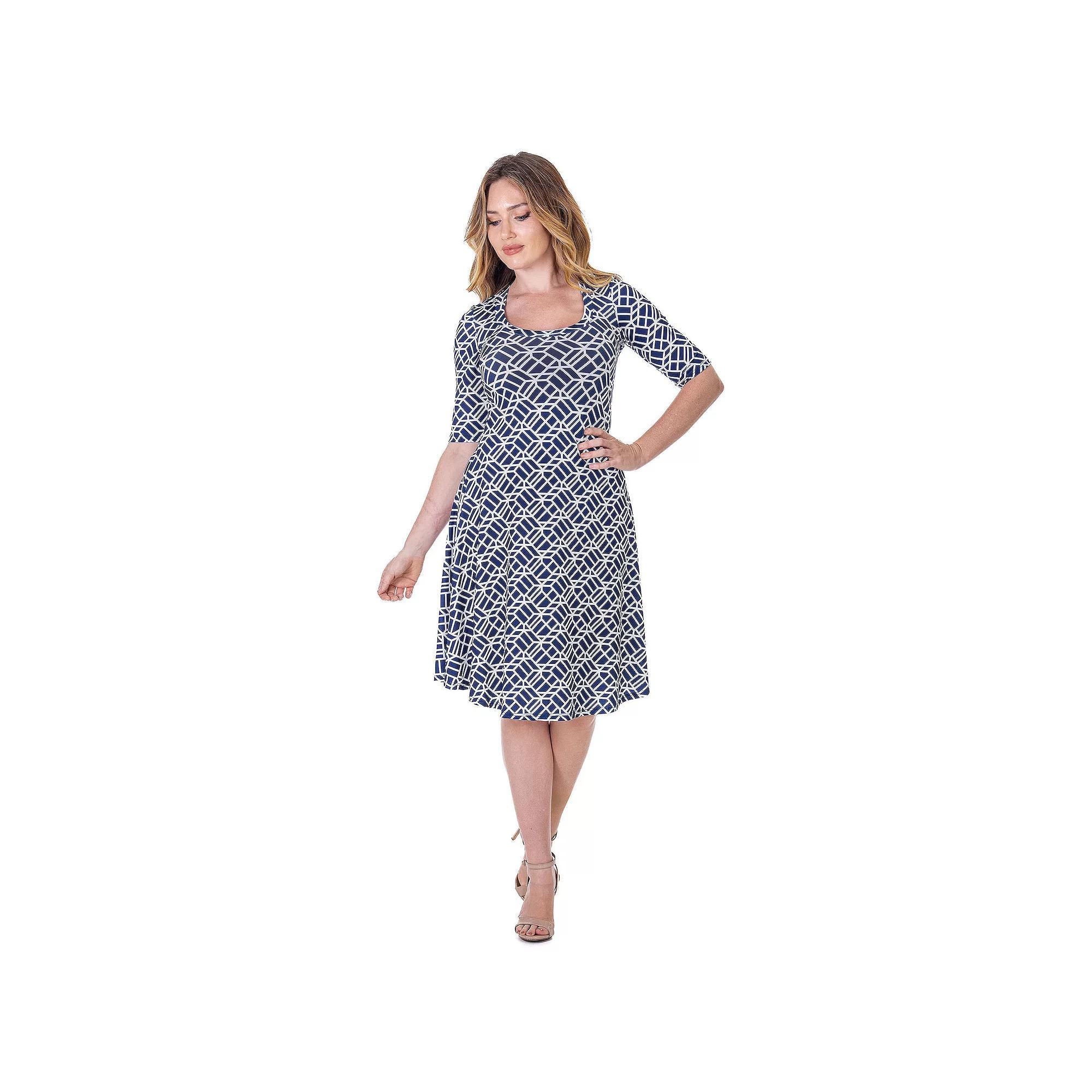 Women's 24Seven Comfort Apparel Geometric Print Knee Length Elbow Sleeve Dress, Size: Small, Blue Team Product Image