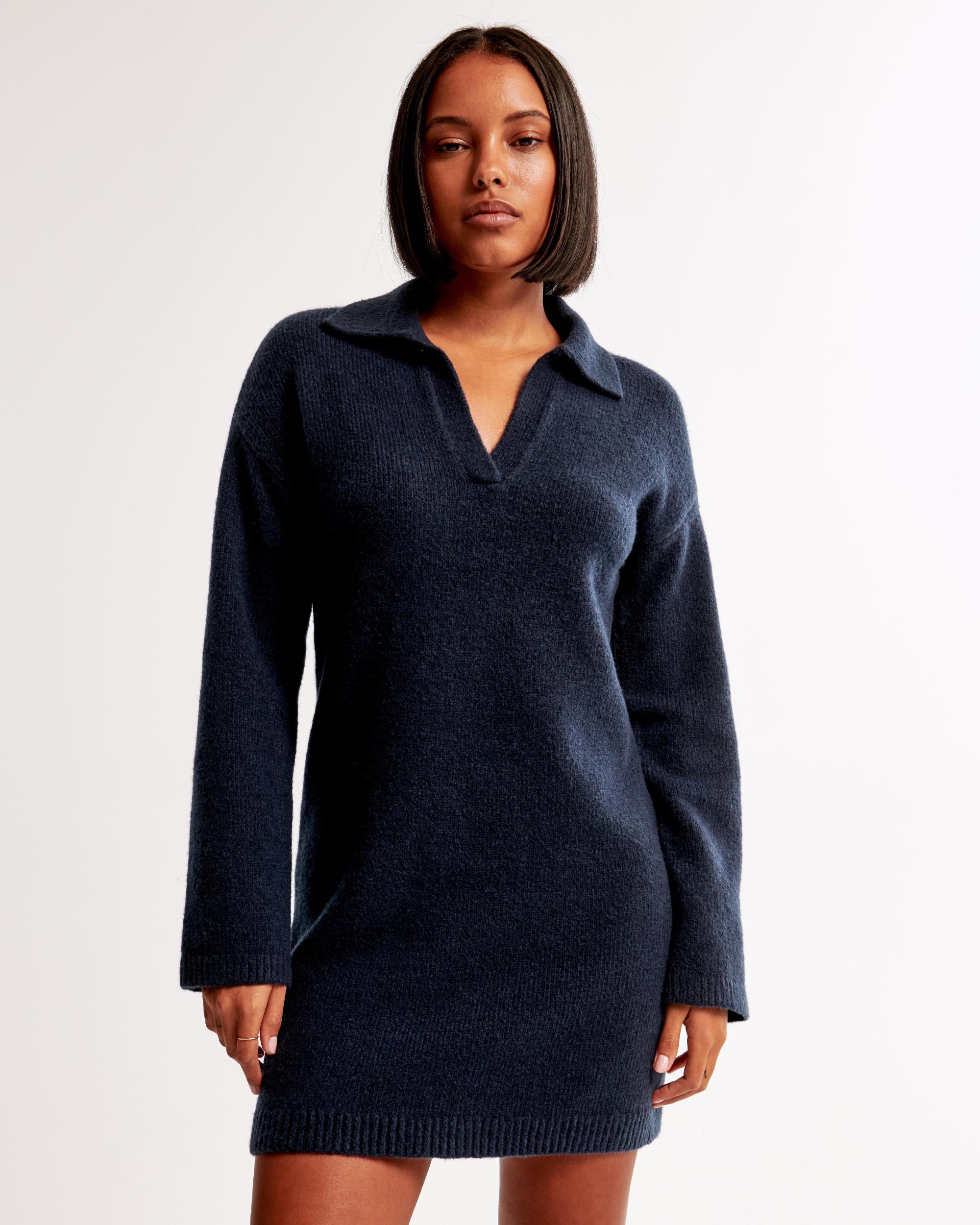 Long-Sleeve Collared Mini Sweater Dress Product Image