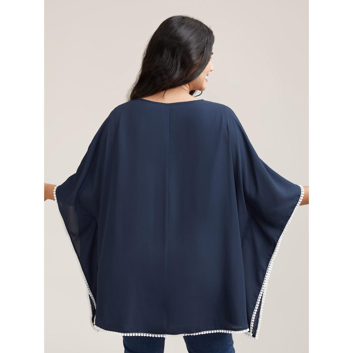 Plus Size Indigo Printed Neckline Lace Spliced Loose Shirt Women Resort Elbow-length sleeve Flat collar with V-notch Vacation Blouses BloomChic 10/M Product Image