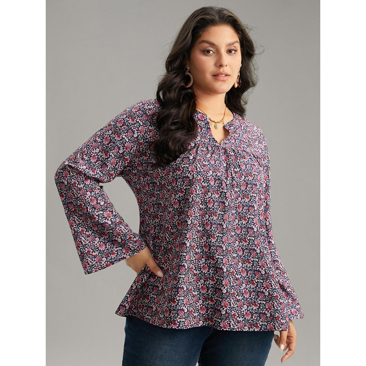 Plus Size Indigo Ditsy Floral Notched Bell Sleeve Blouse Women Vacation Long Sleeve Notched collar Dailywear Blouses BloomChic 12/L Product Image