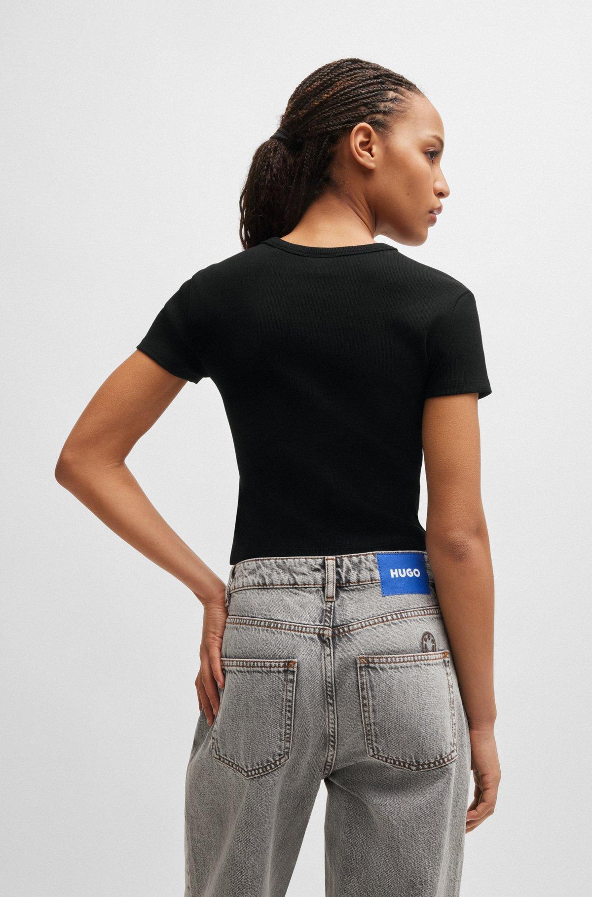 HUGO - Stretch-cotton slim-fit T-shirt with blue logo label - Black Product Image