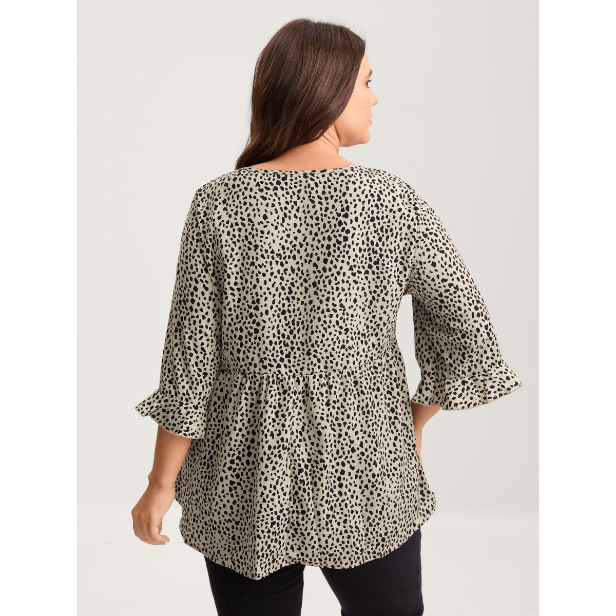 Plus Size Champagne Leopard Print Ruffled Detail V-Neck Blouse Women Casual Elbow-length sleeve V-neck Everyday Blouses BloomChic 10/M Product Image