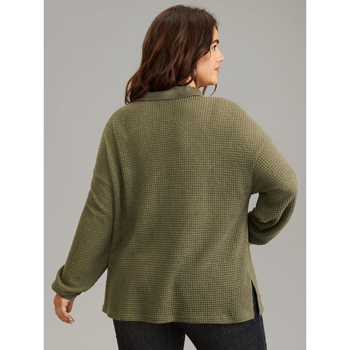 Plus Size Faux Suede Patchwork Waffle Knit Flap Pocket Sweatshirt Women ArmyGreen Casual Waffle Knit Lapel Collar Dailywear Sweatshirts BloomChic 12/L Product Image