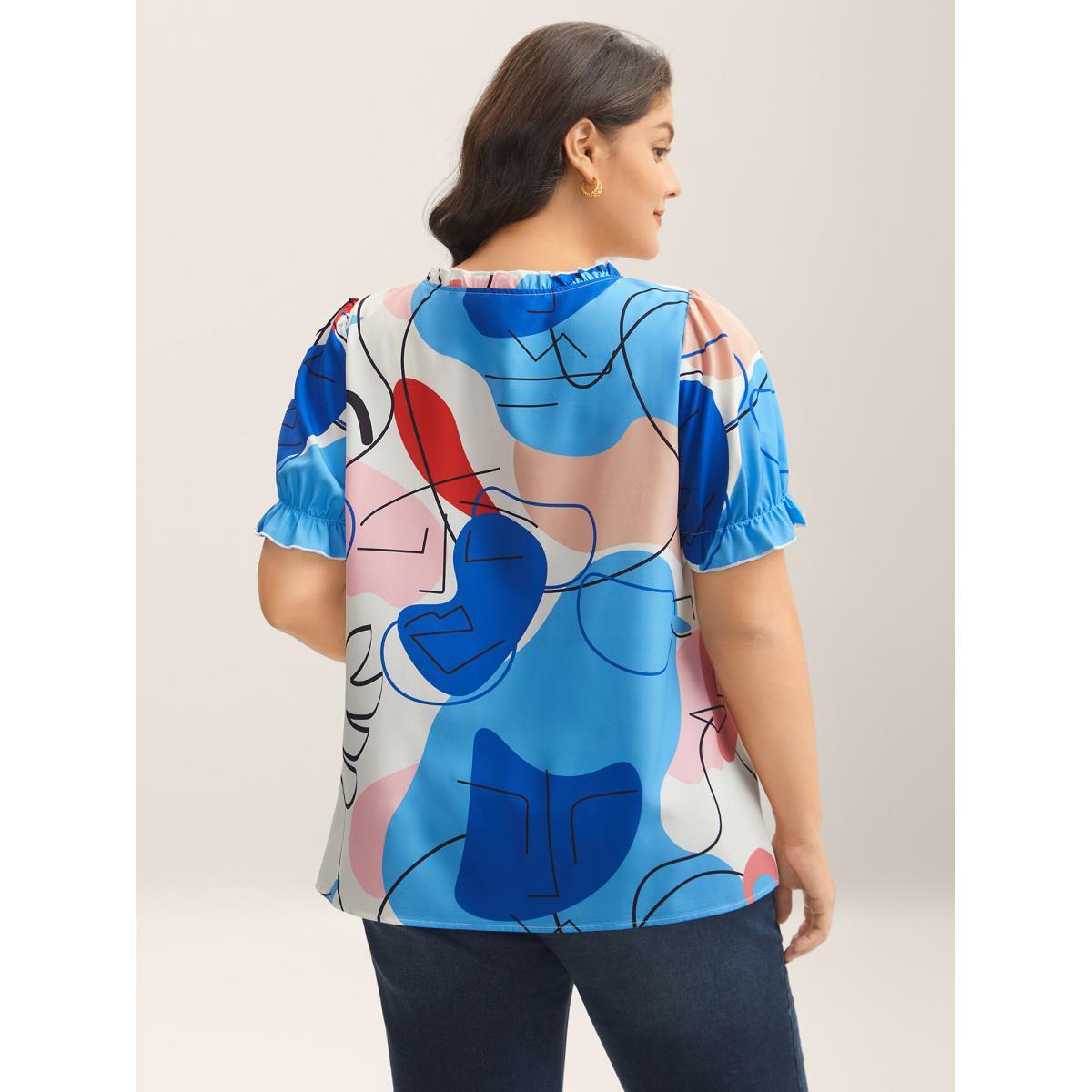 Plus Size Multicolor Whimsical Pattern Shirred Puff Sleeve Blouse Women Short sleeve Stand-up collar Everyday-Elegant Blouses BloomChic 12/L Product Image