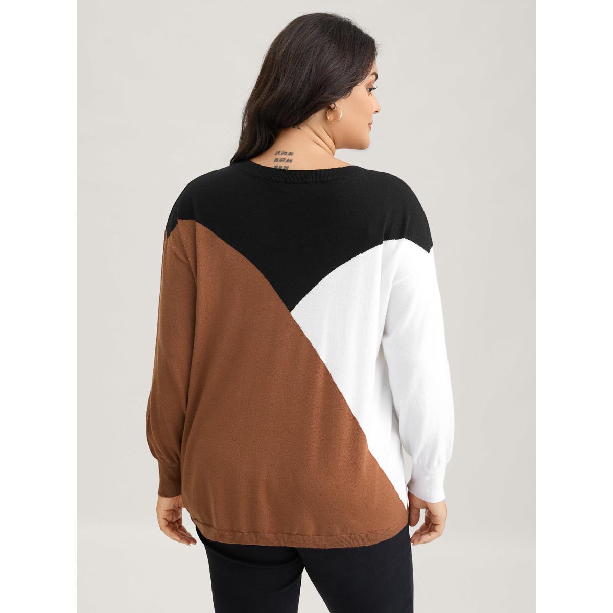 Plus Size Supersoft Essentials Colorblock Contrast Pullover Browncoffeecolor Women Casual Long Sleeve Round Neck Everyday Pullovers BloomChic 30/6X Product Image