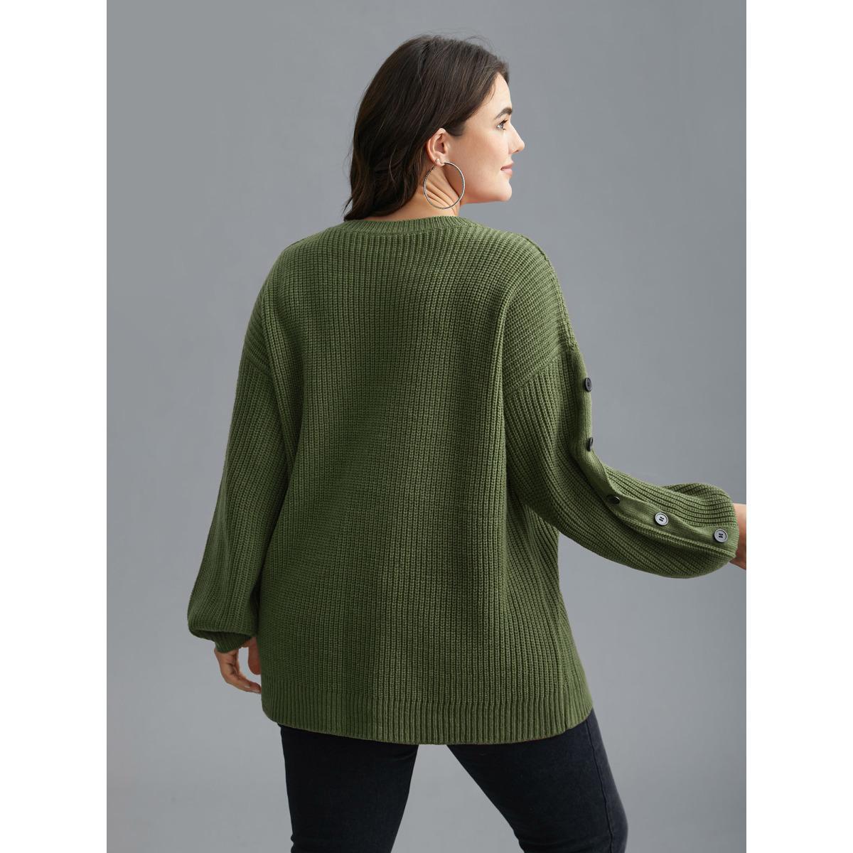 Plus Size Textured Drop Shoulder Button Detailing Pullover ArmyGreen Women Casual Loose Long Sleeve Round Neck Everyday Pullovers BloomChic 26/4X Product Image