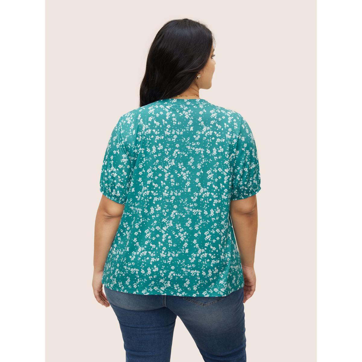 Plus Size Ditsy Floral Shirred Lantern Sleeve T-shirt Emerald Women Elegant Gathered Round Neck Everyday T-shirts BloomChic 12/L Product Image