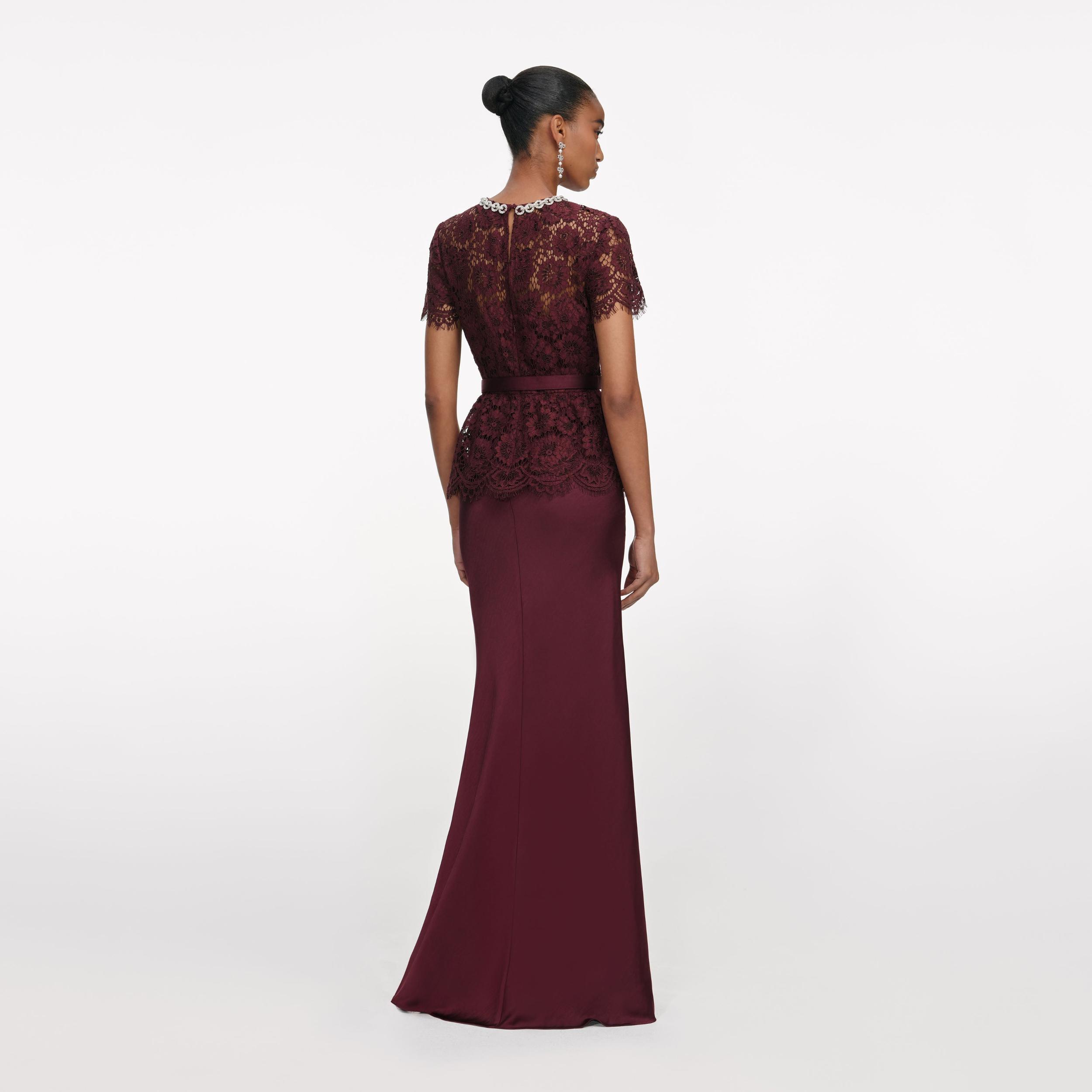 Burgundy Lace Satin Maxi Dress Product Image