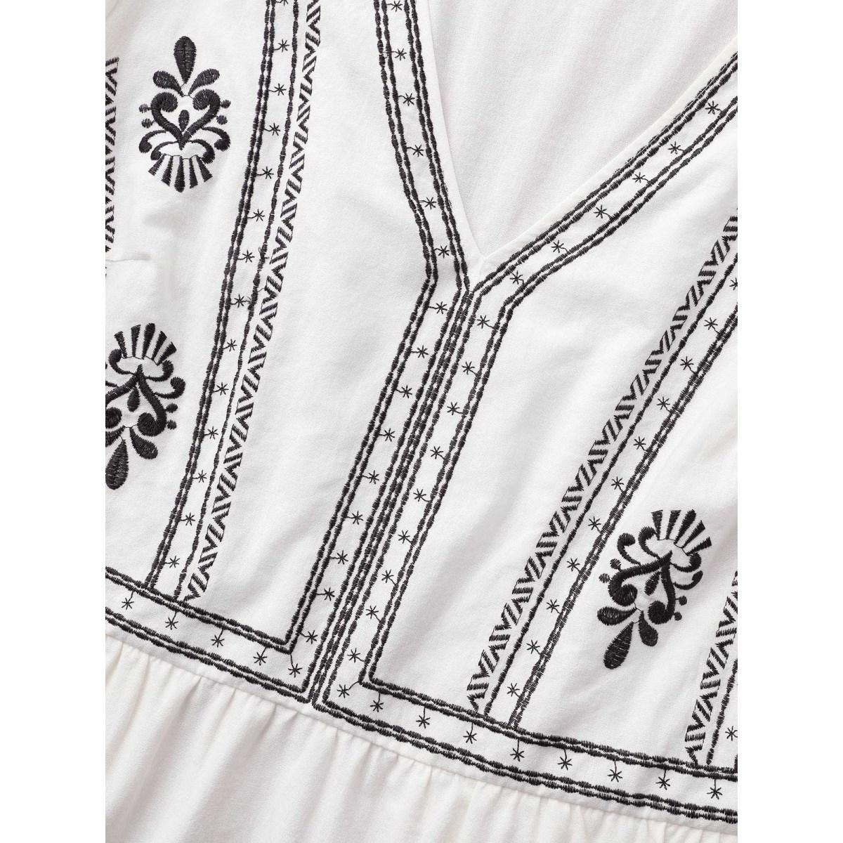 Plus Size Boho Embroidered Elastic Waist Lantern Sleeve Dress Beige Women Resort Embroidered V-neck Elbow-length sleeve Curvy BloomChic 18-20/2X Product Image