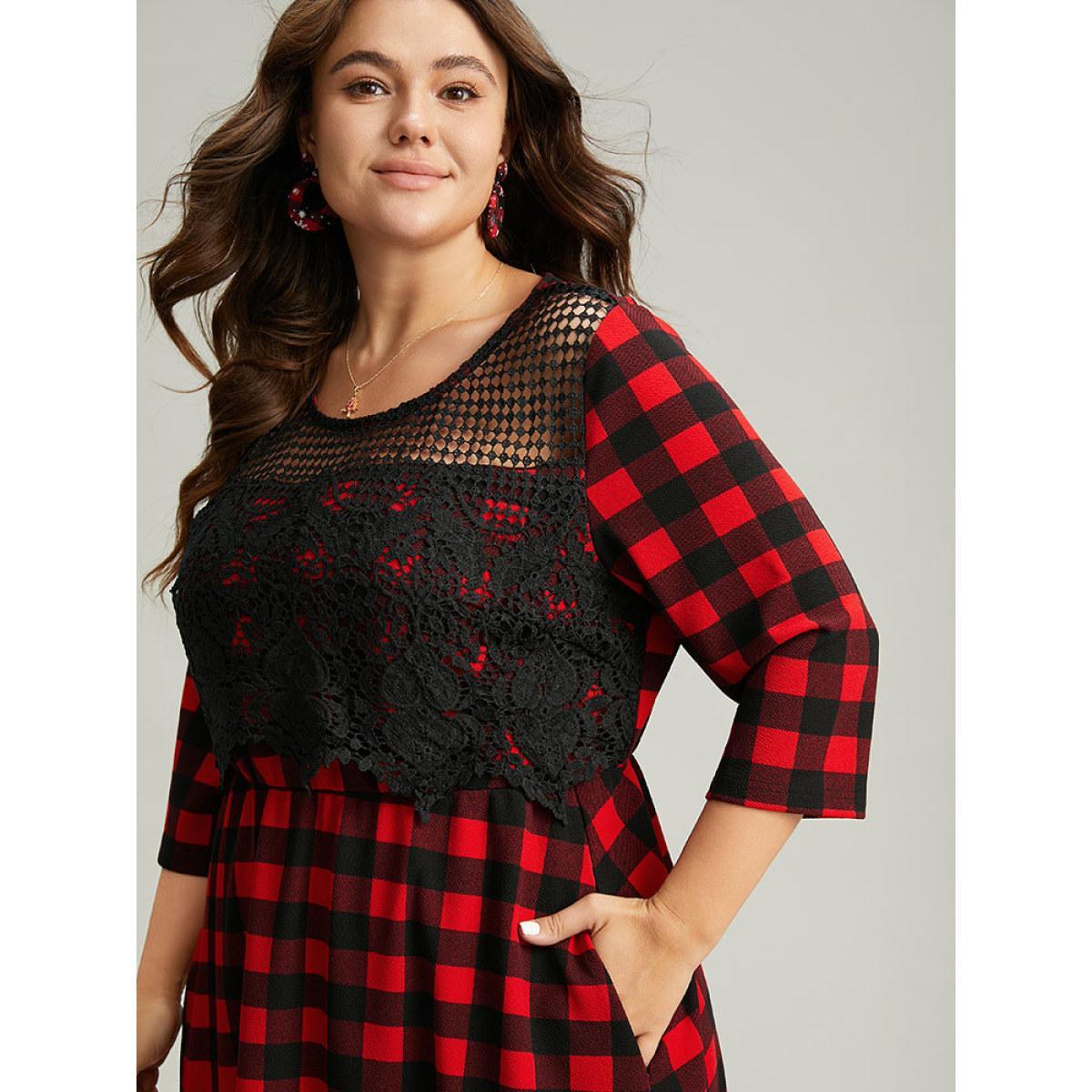 Plus Size Christmas Plaid Crochet Lace Mesh Cut Out Dress Raspberry Women Office See through Round Neck Elbow-length sleeve Curvy Midi Dress BloomChic 26/4X Product Image