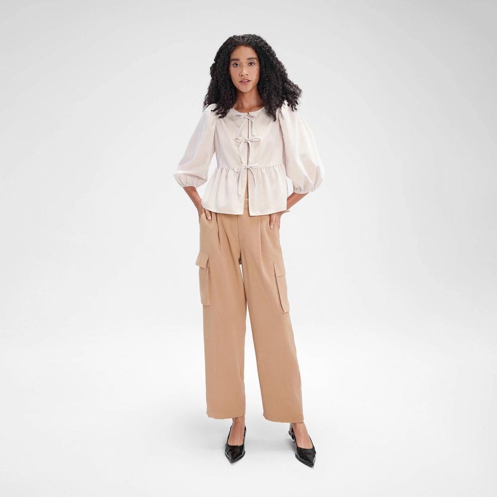 Women's Balloon 3/4 Sleeve Tie-Front Blouse - A New Day™ Cream Striped XXL Product Image